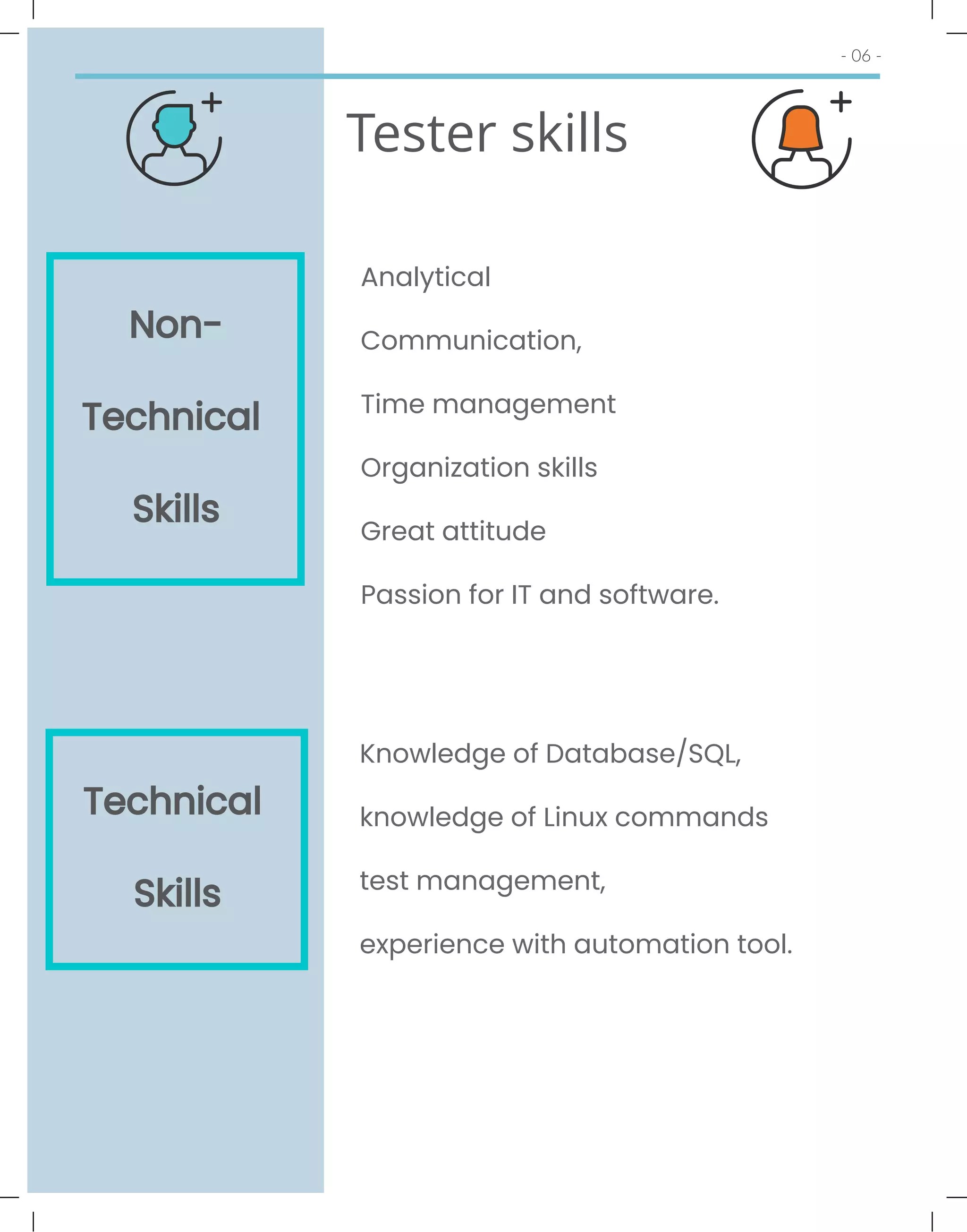 - 06 -
The majority (80%) of
marketers believe live
events are critical to their
company’s success.
Tester skills
Non-
Technical
Skills
Technical
Skills
Knowledge of Database/SQL,
knowledge of Linux commands
test management,
experience with automation tool.
Analytical
Communication,
Time management
Organization skills
Great attitude
Passion for IT and software.
 