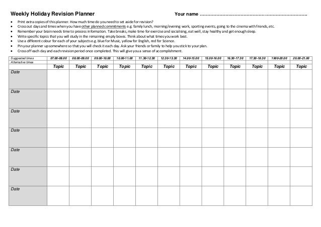 Weekly Holiday Revision Planner Weekly Holiday Revision Planner