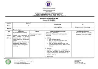 Republic ofthe Philippines
Department of Education
REGION I
SCHOOLS DIVISION OFFICE I PANGASINAN
PANGASINAN NAT IONAL HIGH SCHOOL
ALVEAR ST . POBLACION, LINGAYEN, PANGASINAN
Address: Alvear St. Poblacion,Lingayen, Pangasinan
TelephoneNo.: (075)-636-65-46
Email: pangasinannhs300233@gmail.com
Document Code:
RevisionNo.:
Page No.: Page 1 of4
Effectivity Date: 01-23-2020
WEEKLY LEARNING PLAN
August 22-26, 2022
Quarter Quarter 1
Grade Level 12
Week 1
Learning Area Empowerment Technology
MELCs
Refer to Topics
Day Objectives Topic/s Classroom-Based Activities Home-Based Activities
1
Monday
(SET A)
Explain the school policies
Conduct and Facilitation of
PPS Activities to develop
resilience and nurture the
mental health and well-being of
children.
Create a variety of activities to
engage and have fun with
children while nurturing their
well-being
Psychosocial Support
Activities
1. Checking of attendance
2. Reminder of classroom health and safety
protocols
A. Activity
1. Meet and greet activity
2. They will be asked to recall on their
favorite vacation memory.
3. They will also be asked to share their
insights about the opening of face-to-face
classes.
B. Analysis
1. Learners will be presented with the different
class rules, reminders, and school policies to
create an environment where learners feel
safe and cared for.
C. Abstraction
 Answering of online survey by
forwarding a link (SET A & B)
 