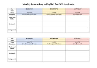 Weekly Lesson Log in English for OCD Aspirants
Day TUESDAY THURSDAY SATURDAY
Date
Time 2:30PM 2:00PM 2:30PM
Students Bro. De and Bro. Truong Bro. Trung and Bro. Luan Bro. Tuan Anh
Topic and
Skills
Seatwork
Assignment
Day TUESDAY THURSDAY SATURDAY
Date
Time 2:30PM 2:00PM 2:30PM
Students Bro. De and Bro. Truong Bro. Trung and Bro. Luan Bro. Tuan Anh
Topic and
Skills
Seatwork
Assignment
 