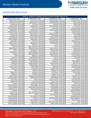 Weekly Market Outlook
                                                                                                             make more, for sure.

FORTHCOMING RESULTS DATE

                                Q3FY12 - FORTHCOMMING RESULTS WITH EXPECTED DATE
     COMPANIES - Date                  COMPANIES - Date                  COMPANIES - Date                    COMPANIES - Date
        Sadhana Nitro 09-Jan-2012         Tata Inv Corp 16-Jan-2012           Karnataka Bank 21-Jan-2012       Chandrika Trade 30-Jan-2012
         Khodiyar Ind 09-Jan-2012        Motilal Oswal F 16-Jan-2012      Menon Bearings 22-Jan-2012              GDL Leasing 30-Jan-2012
          Amtek India 10-Jan-2012             Zee News 17-Jan-2012                  Persistent 22-Jan-2012         NEPC India 30-Jan-2012
        IndusInd Bank 10-Jan-2012          Chambal Fert 17-Jan-2012       Kotak Mahindra 23-Jan-2012              Clio Infotech 30-Jan-2012
     Savant Infocomm 10-Jan-2012              HCL Tech 17-Jan-2012                Super Sales 23-Jan-2012       Amarjothi Spin 30-Jan-2012
         Indag Rubber 11-Jan-2012          Mah Scooters 17-Jan-2012           Shukra Capitals 23-Jan-2012     IFM Impex Globa 30-Jan-2012
      Chemfab Alkalie 11-Jan-2012        Kajaria Ceramic 17-Jan-2012                 Colgate 23-Jan-2012        Taj GVK Hotels 30-Jan-2012
         Nalin Leasing 11-Jan-2012         Blue Star Info 17-Jan-2012    Lakshmi Machine 23-Jan-2012              MM Forgings 30-Jan-2012
          Adi Rasayan 11-Jan-2012         Infotech Enter 18-Jan-2012            Federal Bank 23-Jan-2012             Sawaca Fin 30-Jan-2012
        Cals Refineries 11-Jan-2012       Torrent Cables 18-Jan-2012           Shree Cements 23-Jan-2012           NEPC Paper 30-Jan-2012
       Jhaveri Weldflu 11-Jan-2012          Bajaj Finserv 18-Jan-2012    Shukra Diamonds 23-Jan-2012                 Noida Toll 30-Jan-2012
          Asahi Fibres 12-Jan-2012            NIIT Tech 18-Jan-2012           Rose Patel Merc 23-Jan-2012       Kumbh Finance 31-Jan-2012
        Libord Finance 12-Jan-2012         Bajaj Finance 18-Jan-2012          Kirloskar Broth 24-Jan-2012          Dabur India 31-Jan-2012
          TTK Prestige 12-Jan-2012            MindTree 18-Jan-2012                    NOCIL 24-Jan-2012            Acclaim Ind 31-Jan-2012
              Sheel Int 12-Jan-2012     Agro Tech Foods 18-Jan-2012                   Biocon 24-Jan-2012       Venlon Polyeste 31-Jan-2012
        GRUH Finance 12-Jan-2012        Mahindra Comp 18-Jan-2012         Garnet Construc 24-Jan-2012             Berger Paints 31-Jan-2012
                HDFC 12-Jan-2012           BN Rathi Sec 18-Jan-2012            Kirloskar Bros 24-Jan-2012          Suprajit Eng 31-Jan-2012
          Soma Papers 12-Jan-2012      CenturyPlyboard 19-Jan-2012            Sri Nachammai 24-Jan-2012          Bansisons Tea 31-Jan-2012
               Infosys 12-Jan-2012     Hindustan Media 19-Jan-2012            Indian Metals & 24-Jan-2012      Ankush Finstock 31-Jan-2012
                  DCB 12-Jan-2012             Bajaj Auto 19-Jan-2012           Blue Chip Tex 24-Jan-2012        Gangotri Textil 31-Jan-2012
            Libord Sec 12-Jan-2012        Banaras Beads 19-Jan-2012                  NELCO 24-Jan-2012             Nicco Parks 31-Jan-2012
         Bervin Invest 12-Jan-2012      Key Corporation 19-Jan-2012                3i Infotech 24-Jan-2012             Century 31-Jan-2012
           Geojit BNP 12-Jan-2012         Ador Welding 19-Jan-2012               Deepak Fert 25-Jan-2012         MB Parikh Fin 31-Jan-2012
           Sanghi Ind 12-Jan-2012       Dolphin Offshor 19-Jan-2012           Mirc Electronic 25-Jan-2012        Relic Life Scie 31-Jan-2012
          Goa Carbon 13-Jan-2012          Bajaj Holdings 19-Jan-2012            JB Chemicals 25-Jan-2012       Twin Roses Trad 31-Jan-2012
        Globus Constr 13-Jan-2012           HDFC Bank 19-Jan-2012                  MRO-TEK 25-Jan-2012         Galaxy Bearings 31-Jan-2012
            Sintex Ind 13-Jan-2012           Sumeru Ind 20-Jan-2012            WABCO India 25-Jan-2012             Jyoti Resins 31-Jan-2012
                 CMC 13-Jan-2012               JSW Steel 20-Jan-2012            Kirloskar Ind 25-Jan-2012      Bombay Potterie 31-Jan-2012
          Krishna Life 13-Jan-2012            Axis Bank 20-Jan-2012              L&T Finance 25-Jan-2012         Century Enka 31-Jan-2012
           Eskay Knit 13-Jan-2012             HT Media 20-Jan-2012               Jayshree Tea 25-Jan-2012              R.J. Shah 31-Jan-2012
        Padam Cotton 14-Jan-2012        Elcid Investmen 20-Jan-2012             Kirloskar Oil 25-Jan-2012        Bee Electronic 31-Jan-2012
      Jay BharatMarut 14-Jan-2012           Bank of Mah 20-Jan-2012            JSW Holdings 25-Jan-2012         Tirupati Sarjan 31-Jan-2012
          Aro Granite 14-Jan-2012                Wendt 20-Jan-2012        Sugal & Damani 25-Jan-2012           Varun Mercantil 31-Jan-2012
           Jubilant Ind 14-Jan-2012          Artson Eng 20-Jan-2012              Karur Vysya 27-Jan-2012        Dhunseri Petro 01-Feb-2012
              Cityman 15-Jan-2012           Hind Constr 20-Jan-2012       Nagarjuna Agric 27-Jan-2012              Amrit Corp 02-Feb-2012
      AshirwadCapital 16-Jan-2012           Bharat Bijlee 20-Jan-2012           United Credit 27-Jan-2012       Transport Corp 02-Feb-2012
       Auto Stampings 16-Jan-2012       Jayant Agro-Org 20-Jan-2012            Bio Whitegold 27-Jan-2012       Specular Market 02-Feb-2012
       Richirich Inven 16-Jan-2012          Foseco India 20-Jan-2012            ABC Bearings 27-Jan-2012       TCI Developers 02-Feb-2012
             Tata Elxsi 16-Jan-2012             GS Auto 21-Jan-2012           Lanco Industrie 27-Jan-2012     Walchand People 02-Feb-2012
         Morarjee Text 16-Jan-2012      Agro Tech Foods 21-Jan-2012                  Batliboi 27-Jan-2012      Ravi Leela Gran 05-Feb-2012
         South Ind Bk 16-Jan-2012                  SJVN 21-Jan-2012           Ponni Sugars(E) 27-Jan-2012        Mah and Mah 07-Feb-2012
      Swasti Vinayaka 16-Jan-2012          Force Motors 21-Jan-2012                    Wyeth 27-Jan-2012      Dishman Pharma 09-Feb-2012
       Dewan Housing 16-Jan-2012               JK Paper 21-Jan-2012       Seshasayee Pape 28-Jan-2012        Olympic Mgmtand 10-Feb-2012
       Magma Fincorp 16-Jan-2012           Zee Entertain 21-Jan-2012                   Nirlon 28-Jan-2012       Samrat Pharma 13-Feb-2012
      Swasti Vinayaka 16-Jan-2012           Asian Paints 21-Jan-2012     NEPC Agro Foods 30-Jan-2012                      DHP 13-Feb-2012
      ING Vysya Bank 16-Jan-2012            Oil Country 21-Jan-2012            NEPC Textiles 30-Jan-2012       India Lease Dev 14-Feb-2012


                                                                   4
  Mansukh Securities and Finance Ltd                                             SEBI Regn No. BSE: INB010985834 /  NSE: INB230781431
  Office: 306, Pratap Bhavan, 5, Bahadur Shah Zafar Marg, New Delhi-110002                                   PMS Regn No. INP000002387
  Phone: 011-30123450/1/3/5 Fax: 011-30117710 Email: research@moneysukh.com
  Website: www.moneysukh.com
 