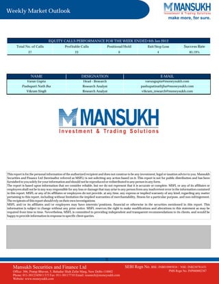 Weekly Market Outlook
                                                                                                                            make more, for sure.




                               EQUITY CALLS PERFORMANCE FOR THE WEEK ENDED 6th Jan 2012
       Total No. of Calls                   Profitable Calls                Positional/Hold                 Exit/Stop Loss              Success Rate
                27                                  23                               0                             4                        85.19%




                  NAME                                   DESIGNATION                                                   E-MAIL
               Varun Gupta                                Head - Research                                 varungupta@moneysukh.com
           Pashupati Nath Jha                             Research Analyst                            pashupatinathjha@moneysukh.com
              Vikram Singh                                Research Analyst                             vikram_research@moneysukh.com




This report is for the personal information of the authorized recipient and does not construe to be any investment, legal or taxation advice to you. Mansukh
Securities and Finance Ltd (hereinafter referred as MSFL) is not soliciting any action based on it. This report is not for public distribution and has been
furnished to you solely for your information and should not be reproduced or redistributed to any person in any form.
The report is based upon information that we consider reliable, but we do not represent that it is accurate or complete. MSFL or any of its affiliates or
employees shall not be in any way responsible for any loss or damage that may arise to any person from any inadvertent error in the information contained
in this report. MSFL or any of its affiliates or employees do not provide, at any time, any express or implied warranty of any kind, regarding any matter
pertaining to this report, including without limitation the implied warranties of merchantability, fitness for a particular purpose, and non-infringement.
The recipients of this report should rely on their own investigations.
MSFL and/or its affiliates and/or employees may have interests/positions, financial or otherwise in the securities mentioned in this report. This
information is subject to change without any prior notice. MSFL reserves the right to make modifications and alterations to this statement as may be
required from time to time. Nevertheless, MSFL is committed to providing independent and transparent recommendations to its clients, and would be
happy to provide information in response to specific client queries.




                                                                           5
    Mansukh Securities and Finance Ltd                                                    SEBI Regn No. BSE: INB010985834 /        NSE: INB230781431
    Office: 306, Pratap Bhavan, 5, Bahadur Shah Zafar Marg, New Delhi-110002                                                PMS Regn No. INP000002387
    Phone: 011-30123450/1/3/5 Fax: 011-30117710 Email: research@moneysukh.com
    Website: www.moneysukh.com
 