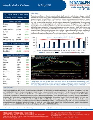 Weekly Market Outlook                                                        26 May 2012
                                                                                                                                       make more, for sure.


                                                            SNAPSHOT
 DATA MATRIX FOR THE WEEK
                                                            The south bound journey of stock markets in India finally came to a halt after three straight weeks of
     21st May 2012 - 25th May 2012                          decline as the frontline equity indices snapped the week with around half a percent gains. The benchmark
                                                            gauges negotiated only two positive closes in the five sessions and managed to go only slightly higher
             Weekly Markets                                 than last week's closing levels as issues like Euro-zone worries and depreciating rupee kept investors on
                                                            their toes. Investors grew increasingly nervous over the beleaguered currency's slide as they feared that
Sensex                       16,218            0.40%        Indian Reserve Bank is expending the already scanty forex reserves for a losing cause. However, the local
                                                            markets showed a stupendous performance on Thursday with the benchmark equity indices vehemently
Nifty                         4,920            0.59%        rallying by close to two percent, registering the highest intraday gains seen since March 30. Sentiments got
Gold(US$/oz)                 1,573.1          -1.19%        buttressed amid speculations that RBI took measures to rein the depreciating run of the beleaguered
                                                            Indian currency, which recovered from the historically low levels. Besides, the government's decision to
Re/US$                        55.36            1.75%        hike prices of petrol by as high as Rs 7.50 per litre instilled some hopes among market participants that the
                                                            government would bite more bullets and take certain bold steps to lift sentiments in the markets.
Dow                          12,455            0.70%
Nasdaq                        2,838            2.12%            2000                      Volume* & Volatility Index (Nifty - May 2012)                            30
                                                                                                                                                                   25
FX Res (US$ Bn)              290.000          -0.62%            1500
                                                                                                                                                                   20
                                                                1000                                                                                               15
Net FII / DII Equity Activity (Rs Cr)                                                                                                                              10
                                                                 500
Upto 25.05.12                  FIIs             DIIs                                                                                                               5
                                                                       0                                                                                           0
Total May 2012               -2279.1           1187.9
                                                                           14-May 15-May 16-May 17-May 18-May 21-May 22-May 23-May 24-May 25-May
Total 2012                   36,953           -20,574           *NSE
                                                                                   Cash Volume (Rs bn)          F & O Volume (Rs bn)          Volatility Index %
         Weekly Sector Movement
Sectors                      Close                 %
Auto                          9,239               0.09
Bankex                       10,899               1.61
CD                            6,301              -1.86
CG                            8,863               1.66
FMCG                          4,590              -2.29
Healthcare                    6,640               0.33
IT                            5,523               0.20
Metal                        10,089               0.11
Oil & Gas                     7,578               1.51
PSU                           6,729               1.32      The S&P CNX Nifty rose by 28.95 points or 0.59% to 4920.40. On the National Stock Exchange (NSE),
                                                            Bank Nifty up 146.05 points or 1.57% to 9456.30, CNX IT up 14.40 points or 0.25% to 5879.85 while CNX
Realty                        1,572               1.05
                                                            mid- cap up 47.00 points or 0.68% to 6914.30 and CNX Nifty Junior up 41.60 points or 0.44% to 9519.15.

 WEEK AHEAD
Volatility is expected to be at the fore in the coming week as traders are expected will roll over their position with expiry of May F&O contracts
on Thursday May 31, 2012. Since the coming week marks the start of the new month, investor's will see a lot of economic data pouring in. Auto
and cement stocks will be in the focus as both Indian automobile and cement industry will report their sales number for the month of May 2012.
Also India's export data for the month of April 2012 would be announced next week. India's manufacturing PMI data is also due to be released
on June 1, 2012. Importantly, India's GDP data, due to be released on May 31, 2012, too would be eagerly watched out by market-men after two
influential global brokerage firms, Goldman Sachs and Bank of America-Merrill Lynch downgraded their growth forecasts for India. Hence we
are expecting quite a sluggish outlook for upcoming weak though 4760-4780 could be key support levels to watch. Any heavy downfall below
this level may create some panic among traders and we might see 4500-4510 in a short span of time. On the flip side any positive outcome may
reap indices towards 5030-5055 where “sell on rally' is highly advisable. HAPPY TRADING...

     Please refer to important disclosures at the end of this report                        For Private circulation Only                        For Our Clients Only
                                                                                      1
Mansukh Securities and Finance Ltd                                                               SEBI Reg.No: BSE: INB 010985834, F&O: INF 010985834
Office: 306, Pratap Bhavan, 5, Bahadur Shah Zafar Marg, New Delhi-110002                         NSE: INB 230781431, F&O: INF 230781431, DP: IN-DP-CDSL-73-2000, IN-
                                                                                                 DP-NSDL-140-2000
Phone: 011-30123450/1/3/5 Fax: 011-30117710 Email: research@moneysukh.com
                                                                                                 MCX/TCM/CORP/0740 NCDEX/TCM/CORP/0293
Website: www.moneysukh.com
 