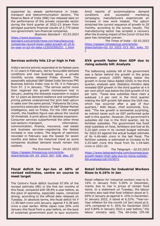 supported by steady performance in trade,
transport and telecommunication sectors. The
Reserve Bank of India (RBI) has released data on
the performance of the private corporate sector
during the third quarter of 2022-23 drawn from
abridged quarterly financial results of 2,779 listed
non-government non-financial companies.
Business Standard - 03.03.2023
https://www.business-
standard.com/article/news-cm/manufacturing-
companies-record-lower-sales-growth-of-10-6-
on-year-in-q3-rbi-data-123030300251_1.html
Amid reports of accommodative demand
conditions and successful marketing
campaigns, manufacturers experienced an
increase in new work intakes. The upturn
stretched the current sequence of growth to 20
months, according to the survey results. The
manufacturing sector has scripted a recovery
after the bruising impact of the Covid-19 but the
pace has remained uneven.
The Times of India - 02.03.2023
https://epaper.timesgroup.com/article-
share?article=02_03_2023_013_001_toikc_TO
I
Services activity hits 12-yr high in Feb
India's service activity expanded at its fastest pace
in 12 years in February, led by favourable demand
conditions and new business gains, a private
monthly survey released Friday showed. The
seasonally adjusted S&P Global India Services PMI
Business Activity Index rose to 59. 4 in February
from 57. 2 in January. “The service sector more
than regained the growth momentum lost in
January, posting the sharpest expansion in output
for 12 years as demand resilience and competitive
pricing policies underpinned the joint best upturn
in sales over the same period,” Pollyanna De Lima,
economics associate director at S&P Global Market
Intelligence, said on Friday. For the 19th straight
month, the headline figure was above the neutral
50 threshold. A print above 50 denotes expansion.
Consumer services outperformed the other three
sub-sectors—transport, information,
communication, finance, insurance, real estate
and business services—registering the fastest
increase in new orders. The degree of optimism
recorded in February was the lowest for seven
months and below the historical trend as some
companies doubted demand would remain this
resilient.
The Economic Times - 04.03.2023
https://epaper.timesgroup.com/article-
share?article=04_03_2023_007_030_etkc_ET
GVA growth faster than GDP due to
rising subsidy bill: Analysts
The ballooning subsidy bill of the government
was a factor behind the growth in the gross
domestic product (GDP) falling below the
growth in Gross Value Added (GVA) in the third
quarter, analysts said. Statistics ministry data
revealed GDP growth in the third quarter at 4.4
per cent which was below the GVA growth of 4.6
per cent. “Taxes less subsidies have risen a
subdued 1.4 per cent in the third quarter
making the GDP growth fall below the GVA rise,
which has occurred after a gap of four
quarters,” Aditi Nayar, chief economist, Icra,
said. “The low growth is somewhat surprising,
as indirect taxes such as GST performed quite
well in this quarter. However, the government’s
subsidies did rise in the third quarter, led by
fertiliser subsidies. The government has fixed
total subsidies on food, fertilisers and fuel at Rs
5.22-lakh crore in its revised budget estimate
for 2022-23 against the actual budget estimate
of Rs 4.46-lakh crore in the last fiscal. The
fertilizer subsidy is estimated to increase to Rs
2.25-lakh crore this fiscal from Rs 1.54-lakh
crore in 2021-22.
The Telegraph - 02.03.2023
https://www.telegraphindia.com/business/gva-
growth-faster-than-gdp-due-to-rising-subsidy-
bill-analysts/cid/1919571
Fiscal deficit for Apr-Jan at 68% of
revised estimates, centre on course to
meet target
The Centre's fiscal deficit touched 67.8% of the
revised estimate (RE) in the first ten months of
this fiscal, compared with 58.9% a year before, as
the pace of spending, especially capex, remained
strong, according to the official data released on
Tuesday. In absolute terms, the fiscal deficit hit ₹
11.90 lakh crore until January, against ₹ 9.38 lakh
crore a year earlier. While capex rose 29% until
January this fiscal from a year before, on the back
of sustained government push to spur economic
Retail Inflation for Industrial Workers
Rises to 6.16% in Jan
Retail inflation for industrial workers rose to 6.
16% in January from 5.50% in December,
mainly due to rise in prices of certain food
items. In a statement on Tuesday, the labour
ministry also said that food inflation stood at 5.
69% in January as against 4. 10% in December.
In January 2022, it stood at 6.22%. “Year-on-
Year inflation for the month (of Jan) stood at 6.
16% compared to 5. 50% for December 2022
and 5.84% in January 2022 a year before,” the
labour ministry said. The All-India CPI-IW
 