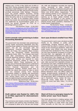 inflation was -3.37% in May 2020 and 10.49% in
April 2021. Rising wholesale inflation, increasingly
reflected in retail inflation as well, is going to make
things difficult for the RBI, said Sunil Kumar Sinha,
principal economist, India Ratings. “However,
given the growth inflation dynamics, Ind-Ra
believes RBI will not be in a hurry to tinker with
either the policy rate or its accommodative policy
stance,” he said. In its monetary policy review
earlier this month, the central bank had held rates
and reaffirmed its accommodative policy as it
pared the growth forecast for FY22 by a
percentage point to 9.5%.
The Economic Times - 15.06.2021
https://epaper.timesgroup.com/Olive/ODN/TheEc
onomicTimes/shared/ShowArticle.aspx?doc=ETK
M%2F2021%2F06%2F15&entity=Ar00203&sk=C
930F8C2&mode=text
US, UAE and Singapore recorded the highest
jumps, according to data. Exports of
engineering, petroleum products and gems and
jewellery in May were worth $8.64 billion, $5.33
billion and $2.96 billion, respectively. “The
order booking position of our exporters is not
only extremely good but also the gradual
opening up of major global markets and
improvement of situation in the country is
expected to push exports growth further,” said
Sharad Kumar Saraf, president, Federation of
Indian Export Organisations.
The Economic Times - 16.06.2021
https://epaper.timesgroup.com/Olive/ODN/Th
eEconomicTimes/shared/ShowArticle.aspx?doc
=ETM%2F2021%2F06%2F16&entity=Ar01302
&sk=AD599928&mode=tex
Centre amends rules pertaining to Indian
Accounting Standards
The government has amended rules pertaining to
various Indian Accounting Standards (Ind AS),
including those related to interest rate benchmark
reform. Ind AS are converged with the
International Financial Reporting Standards
(IFRS). On Friday, the corporate affairs ministry
notified the Companies (Indian Accounting
Standards) Rules, 2021. The changes have been
made after consultations with the National
Financial Reporting Authority (NFRA). Under the
revised rules, entities are required to make
additional disclosures related to interest rate
benchmark reform. These disclosures are to
enable users of financial statements to understand
the effect of interest rate benchmark reform on an
entity's financial instruments and risk
management strategy. Entities would have to
disclose the nature and extent of risks to which
they are exposed arising from financial
instruments subject to interest rate benchmark
reform, and how the entities the manage these
risks. Among others, there are changes in the
basis for determining the contractual cash flows as
a result of interest rate benchmark reform.
Millennium Post - 20.06.2021
http://www.millenniumpost.in/business/centre-
amends-rules-pertaining-to-indian-accounting-
standards-443924
Govt eyes dividend windfall from PSUs
The government is set to see a dividend windfall
thanks to its holdings in public sector
undertakings, bringing welcome relief to a
treasury that has taken a massive hit from two
waves of the coronavirus pandemic. Data from
public sector units (PSUs) that have already
announced their dividends for FY21 shows that
not only have dividends increased to at least a
five-year-high, but aggregate net profits of
these state-owned companies have also risen.
The government has mopped up ₹26,104.37
crore as dividend from 23 listed PSUs in FY21 so
far, a 123.63% increase over the previous fiscal
year, data sourced from Capitaline showed. In
the previous two years, dividends drawn by the
government from these companies had fallen
42% in FY19 and slipped 22% in FY20. The data
is for BSE 500 companies, which account for
over 90% of India’s total market capitalization.
Bharat Petroleum Corp. Ltd (BPCL) leads the
largest dividend-paying companies for fiscal
year 2021 with a dividend of ₹8,759.71 crore to
the government. BPCL is followed by Coal India
Ltd ( ₹6,520.66 crore), Indian Oil Corp. (
₹5,817.95 crore), State Bank of India (
₹2,031.95 crore) and GAIL India ( ₹1,142.29
crore).
Mint - 17.06.2021
https://www.livemint.com/news/india/govt-
eyes-dividend-windfall-from-psus-
11623869345536.html
Draft cabinet note floated for 100% FDI
in oil PSUs approved for disinvestment:
Sources
The commerce and industry ministry has floated a
draft cabinet note seeking inter-ministerial views
on a proposal to allow up to 100 per cent foreign
Want oil firms to synergise imports for
better prices’ says Tarun Kapoor
The Union government is holding parleys with
state-run energy firms and private refiners to
synergise imports of crude worth over $100
billion annually so that they can collectively
 