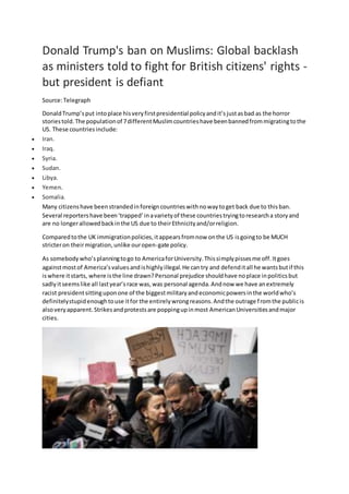 Donald Trump's ban on Muslims: Global backlash
as ministers told to fight for British citizens' rights -
but president is ...