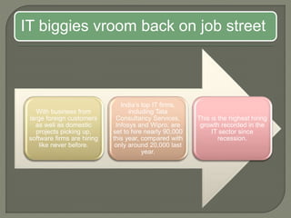 IT biggies vroom back on job street
With business from
large foreign customers
as well as domestic
projects picking up,
software firms are hiring
like never before.
India’s top IT firms,
including Tata
Consultancy Services,
Infosys and Wipro, are
set to hire nearly 90,000
this year, compared with
only around 20,000 last
year.
This is the highest hiring
growth recorded in the
IT sector since
recession.
 