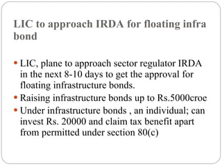 LIC to approach IRDA for floating infra bond ,[object Object],[object Object],[object Object]