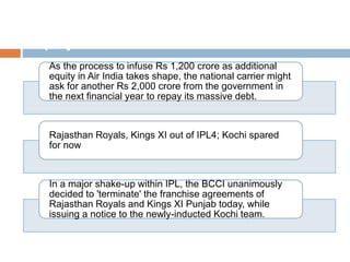 AI to ask for another Rs.2000cr to
repay debts
As the process to infuse Rs 1,200 crore as additional
equity in Air India takes shape, the national carrier might
ask for another Rs 2,000 crore from the government in
the next financial year to repay its massive debt.
Rajasthan Royals, Kings XI out of IPL4; Kochi spared
for now
In a major shake-up within IPL, the BCCI unanimously
decided to 'terminate' the franchise agreements of
Rajasthan Royals and Kings XI Punjab today, while
issuing a notice to the newly-inducted Kochi team.
 