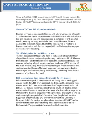 Stood at 5.65% in 2011 against Japan's 5.63%, with the gap expected to
widen significantly by 2017. In five years, the IMF estimates the share of
India's GDP in PPP terms would grow to 8.09% compared with 4.8% for
Japan.

Sistema To Take $1B Writedown On India

Russian services conglomerate Sistema will take a writedown of nearly
$1 billion related to the suspension of its Indian licences.The writedown
is a non-cash item that will be recognised in Sistema's fourth-quarter
results, eroding earnings, one of the sources told Reuters. Sistema
declined to comment. Around half of the write-down is related to a
licence revaluation and the rest to goodwill, the Vedomosti newspaper
quoted a source as saying.

SBI officials drive Rs 1 cr NRI acct scam
The CBI has arrested three State Bank of India (SBI) officers for their
alleged involvement in siphoning off money to the tune of Rs 1.35 crore
from the Non-Resident Indian (NRI) accounts, sources said today. The
accused including alleged mastermind and in-charge of NRI section of
the main branch Anup Rajurkar, deputy manager Prakash Bhalkar and
senior executive Mamata Motwani were apprehended yesterday for
their alleged role in fraudulently withdrawing the money from the NRI
accounts of the bank, they said.

KEC International bags new orders worth Rs 1,416 crore
Infrastructure major KEC International on Friday said it has bagged
orders worth Rs 1,416 crore across all its divisions.The company won
orders worth Rs 320 crore from Power Grid Corporation of India Ltd.
(PGCIL) for design, supply and construction of 765 kV double circuit
transmission line on turnkey basis between Wardha and Aurangabad in
Maharashtra, it said in a regulatory filing.The total line length is 178 km
and the completion period is 32 months.From Bangladesh, the firm
bagged an order worth Rs 243 crore from Power Grid Company of
Bangladesh Ltd. for design, supply and construction of 230 kV double
circuit transmission line on turnkey basis between Barisal-Bhola-
Borhanuddin.The project is to be completed in 24 months.



                                  4
 