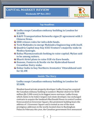 Top Headlines
Lodha snaps Canadian embassy building in London for
$530M.
IL&FS Transportation Networks signs JV agreement with 3
Chinese firms.
SEBI relaxes rules for infra debt funds.
Tech Mahindra to merge Mahindra Engineering with itself.
Quadria Capital may buy ICICI Venture’s majority stake in
Medica Synergie.
Bafna Pharmaceuticals looking to raise capital; Mylan said
to be among suitors.
Bharti Airtel plans to raise $1B via Euro bonds.
Danone, Fonterra & Nestle vie for Hyderabad-based
Creamline Dairy stake.
Dabur India to buy Northern Aromatics' Uttarakhand unit
for $2.4M
Inside The Story
Lodha snaps Canadian embassy building in London for
$530M.
Mumbai-based private property developer Lodha Group has acquired
the Canadian embassy building in London's Mayfair district for $530
million (Rs 3,300 crore) in its biggest move overseas. Lodha Group,
which claims to be India’s largest real estate developer, has exchanged
contracts to acquire the landmark MacDonald House in central London
from.Located on Grosvenor Square, this prominent building bears the
address of 1 Grosvenor Square and is touted as one of the most
prestigious addresses in the world, located close to Buckingham
Palace.In February this year, the Canadian government first announced
1

 