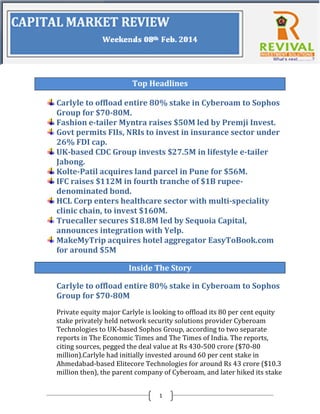 Top Headlines
Carlyle to offload entire 80% stake in Cyberoam to Sophos
Group for $70-80M.
Fashion e-tailer Myntra raises $50M led by Premji Invest.
Govt permits FIIs, NRIs to invest in insurance sector under
26% FDI cap.
UK-based CDC Group invests $27.5M in lifestyle e-tailer
Jabong.
Kolte-Patil acquires land parcel in Pune for $56M.
IFC raises $112M in fourth tranche of $1B rupeedenominated bond.
HCL Corp enters healthcare sector with multi-speciality
clinic chain, to invest $160M.
Truecaller secures $18.8M led by Sequoia Capital,
announces integration with Yelp.
MakeMyTrip acquires hotel aggregator EasyToBook.com
for around $5M
Inside The Story
Carlyle to offload entire 80% stake in Cyberoam to Sophos
Group for $70-80M
Private equity major Carlyle is looking to offload its 80 per cent equity
stake privately held network security solutions provider Cyberoam
Technologies to UK-based Sophos Group, according to two separate
reports in The Economic Times and The Times of India. The reports,
citing sources, pegged the deal value at Rs 430-500 crore ($70-80
million).Carlyle had initially invested around 60 per cent stake in
Ahmedabad-based Elitecore Technologies for around Rs 43 crore ($10.3
million then), the parent company of Cyberoam, and later hiked its stake
1

 