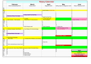 Rotary Calenndar
   .               February                                    March                                April                            May                                June
   .       World Understanding Month                       Literacy Month                      Magazine Month         Getting ready for changeover month        Rotary Fellowship month

Sat
Sun                                                                                                                                                        1
Mon                                                                                      1 Easter Monday NO MEETING                                        3
Tues                                                                                     2                                                                 4
Wed                                                                                      3                            1                                    5
Thu                                                                                      4                            2                                    6
Fri    1                                    1 Rotary Health Fund Golf Day                5                            3                                    7
Sat    2 Blacktown Rotary Trivia Night      2                                            6                            4                                    8
Sun    3                                    3                                            7 Daylight savings Ends      5                                    9
                                            4 Les Miller                                 8 Lyndsey Macnaught
Mon    4 Glenn Gardner   Polio Australia       Critical Illness A Living Insurance          RYLA Candidate            6                                    10 Queen's Birthday NO MEETING
Tues   5                                    5                                            9                            7                                    11
Wed    6                                    6                                            10                           8                                    12
Thu    7                                    7                                            11                           9                                    13
Fri    8                                    8                                            12                           10                                   14
Sat    9                                    9                                            13                           11                                   15
Sun    10                                   10 World Rotaract week                       14 District Assembly         12 Mothers Day                       16
                                                                                                                      13 ARH PhD scholars evening
Mon    11 Sandra Carvajal Good Return       11 Fran Killoway The Frasil technology       15                               No Lunch Meeting                 17
Tues   12                                   12                                           16                           14                                   18
Wed    13                                   13                                           17                           15                                   19
Thu    14                                   14                                           18                           16                                   20
Fri    15 Holroyd Rotary Trivia night       15                                           19                           17                                   21
Sat    16                                   16                                           20                           18                                   22
Sun    17                                   17                                           21                           19 ARH PARRA - AMBLE                 23
       18 Kerry Boyce Parramatta
Mon       Men's Shed                          18 Dr Mualla Akinci McManus Lyme Disease   22                           20                                   24
Tues   19                                     19                                         23                           21                                   25
Wed    20                                     20                                         24                           22                                   26
Thu    21                                     21                                         25 Anzac Day                 23                                   27
Fri    22                                     22                                         26                           24                                   28
Sat    23 World understanding and peace Day R 23                                         27                           25                                   29
Sun    24                                     24                                         28                           26 Red shield appeal                 30


Mon    25 Mr James Bird Mercy Ships Ph9948 40 Susanne Gallant Parramatta Rotary
                                             25                                          29                           27
Tues   26                                    26                                          30                           28
Wed    27                                    27                                                                       29                                                legend
Thu    28                                    28                                                                       30                                                  Free
Fri    29                                    29 Good Friday                                                                                                            Confirmed
Sat    30                                    30 Easter Saturday                                                                                                 offered waiting response
Sun                                          31 Easter Sunday                                                                                                       No lunch meeting
                                                                                                                                                                Special important events
 