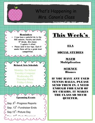 What’s Happening in
Mrs. Canon’s Class
September 5
th
-9th, 2016
ELA
SOCIAL STUDIES
MATH
Multiplication
SCIENCE
Biomes
IF YOU HAVE ANY USED
TENNIS BALLS, PLEASE
SEND THEM IN. I NEED
ENOUGH FOR EACH OF
MY CHAIRS. IT MAKES
THE CLASS SO MUCH
QUIETER.
This Week’s
Focus
Related Arts Schedule
Monday- No School
Tuesday-Computer
Wednesday-PE
Thursday-Music
Friday-Library
• I now have a website! Go to the
BCE website, Faculty and Staff,
5th
Grade, Mrs.Canon.
I update it often!
• Please send in box tops. Each 9
weeks there will be a grade level
competition.
Sep. 8
th
- Progress Reports
Sep. 13
th
- Fundraiser Ends
Sep.13
th
- Picture Day
Sep. 15
th
- Early Dismissal
Reminders
Upcoming Events
 