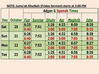 NOTE: Jumu’ah Khutbah (Friday Sermon) starts at 2:00 PM
                           Adzan & Iqamah Times

Day October Fajr Sunrise Dhuhr Asr Maghrib              Isha
            6:25          1:26 4:33 6:59                8:29
Sat   20          7:51
            6:40          2:00 5:00 7:05                8:35
            6:26          1:26 4:32 6:58                8:28
Sun   21          7:52
            6:40          2:00 5:00 7:05                8:35
            6:27          1:25 4:32 6:57                8:27
Mon   22          7:53
            6:40          2:00 5:00 7:05                8:35
            6:28          1:25 4:31 6:56                8:26
Tue   23          7:53
            6:40          2:00 5:00 7:05                8:35
 
