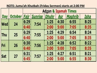 NOTE: Jumu’ah Khutbah (Friday Sermon) starts at 2:00 PM
                          Adzan & Iqamah Times
Day October Fajr   Sunrise Dhuhr Asr Maghrib            Isha
            6:29            1:25 4:30 6:55              8:25
Wed 24              7:54
            6:40            2:00 5:00 7:05              8:35
            6:29            1:25 4:29 6:54              8:24
Thu   25            7:55
            6:40            2:00 5:00 7:05              8:35
            6:30            1:25 4:28 6:52              8:22
Fri   26            7:56
            6:40            2:00 5:00 7:05              8:35
            6:31            1:25 4:27 6:51              8:21
Sat   27            7:57
            6:45            2:00 5:00 6:55              8:30
 