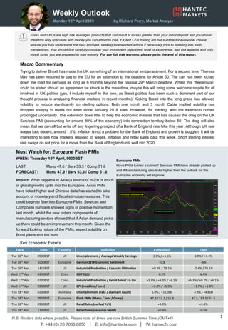 Weekly Outlook
Monday 15th April 2019 by Richard Perry, Market Analyst
Forex and CFDs are high risk leveraged products that can result in losses greater than your initial deposit and you should
therefore only speculate with money you can afford to lose. FX and CFD trading are not suitable for everyone. Please
ensure you fully understand the risks involved, seeking independent advice if necessary prior to entering into such
transactions. You should first carefully consider your investment objectives, level of experience, and risk appetite and only
invest funds you are prepared to lose entirely. For our full risk warning, please go to the end of this report.
Key Economic Events
WHEN: Thursday 18th April, 0900BST
LAST: Manu 47.5 / Serv 53.3 / Comp 51.6
FORECAST: Manu 47.9 / Serv 53.3 / Comp 51.8
Impact: What happens in Asia (a source of much of much
of global growth) spills into the Eurozone. Asian PMIs
have ticked higher and Chinese data has started to take
account of monetary and fiscal stimulus measures. This
could begin to filter into Eurozone PMIs. Services and
Composite numbers showed signs of positive momentum
last month, whilst the new orders components of
manufacturing sectors showed that if Asian demand picks
up there could be an improvement this month. Given the
forward looking nature of the PMIs, expect volatility on
Bund yields and the euro.
Date Time Country Indicator Consensus Last
Tue 16th Apr 0930BST UK Unemployment / Average Weekly Earnings 3.9% / +3.5% 3.9% / +3.4%
Tue 16th Apr 1000BST Eurozone German ZEW Economic Sentiment +0.8 -3.6
Tue 16th Apr 1415BST US Industrial Production / Capacity Ulitization +0.3% / 79.1% -0.4% / 79.1%
Wed 17th Apr 0300BST China GDP (Q1) 6.3% 6.4%
Wed 17th Apr 0300BST China Industrial Production / Retail Sales/ FA Inv +5.8% / +8.3% / +6.3% +5.3% / +8.2% / +6.1%
Wed 17th Apr 0930BST UK CPI (headline / core) +2.0% / +1.9% +1.9% / +1.8%
Thu 18th Apr 0230BST Australia Unemployment (rate / claimant count) 5.0% / +12,000 4.9% / +4,600
Thu 18th Apr 0900BST Eurozone Flash PMIs (Manu / Serv / Comp) 47.9 / 53.2 / 51.8 47.5 / 53.3 / 51.6
Thu 18th Apr 0930BST UK Retail Sales (ex-fuel YoY) +4.0% +3.8%
Thu 18th Apr 1330BST US Retail Sales (ex-autos MoM) +0.4% -0.4%
T: +44 (0) 20 7036 0850 │ E: info@hantecfx.com │ W: hantecfx.com
1N.B. Reuters data where possible. Please note all times are now British Summer Time (GMT+1)
Macro Commentary
Trying to deliver Brexit has made the UK something of an international embarrassment. For a second time, Theresa
May has been required to beg to the EU for an extension to the deadline for Article 50. The can has been kicked
down the road for perhaps as long as 6 months beyond the original 29th March deadline. Whilst this “flextension”
could be ended should an agreement be struck in the meantime, maybe this will bring some welcome respite for all
involved in UK politics (yes, I include myself in this one, as Brexit politics has been such a dominant part of our
thought process in analysing financial markets in recent months). Kicking Brexit into the long grass has allowed
volatility to reduce significantly on sterling options. Both one month and 3 month Cable implied volatility has
dropped sharply to levels not seen since January 2018 lows. However, for sterling, with the extension comes
prolonged uncertainty. The extension does little to help the economic malaise that has caused the drag on the UK
Services PMI (accounting for around 80% of the economy) into contraction territory below 50. The drag will also
mean that we can all but write off any lingering prospect of a Bank of England rate hike this year. Although UK real
wages look decent, around 1.5%, inflation is not a problem for the Bank of England and growth is sluggish. It will be
interesting to see how markets respond to wages, inflation and retail sales data this week. Short sterling interest
rate swaps do not price for a move from the Bank of England until well into 2020.
Must Watch for: Eurozone Flash PMIs
Eurozone PMIs
Have PMIs turned a corner? Services PMI have already picked up
and if Manufacturing also ticks higher then the outlook for the
Eurozone economy will improve.
 