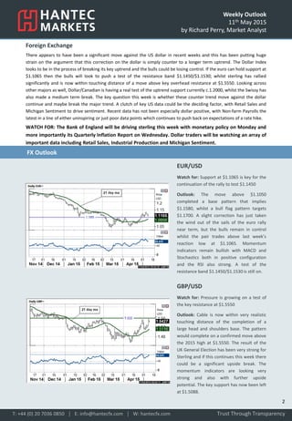 Weekly Outlook
11th May 2015
by Richard Perry, Market Analyst
Foreign Exchange
There appears to have been a significant move against the US dollar in recent weeks and this has been putting huge
strain on the argument that this correction on the dollar is simply counter to a longer term uptrend. The Dollar Index
looks to be in the process of breaking its key uptrend and the bulls could be losing control. If the euro can hold support at
$1.1065 then the bulls will look to push a test of the resistance band $1.1450/$1.1530; whilst sterling has rallied
significantly and is now within touching distance of a move above key overhead resistance at $1.5550. Looking across
other majors as well, Dollar/Canadian is having a real test of the uptrend support currently c.1.2000, whilst the Swissy has
also made a medium term break. The key question this week is whether these counter trend move against the dollar
continue and maybe break the major trend. A clutch of key US data could be the deciding factor, with Retail Sales and
Michigan Sentiment to drive sentiment. Recent data has not been especially dollar positive, with Non-farm Payrolls the
latest in a line of either uninspiring or just poor data points which continues to push back on expectations of a rate hike.
WATCH FOR: The Bank of England will be driving sterling this week with monetary policy on Monday and
more importantly its Quarterly Inflation Report on Wednesday. Dollar traders will be watching an array of
important data including Retail Sales, Industrial Production and Michigan Sentiment.
EUR/USD
Watch for: Support at $1.1065 is key for the
continuation of the rally to test $1.1450
Outlook: The move above $1.1050
completed a base pattern that implies
$1.1580, whilst a bull flag pattern targets
$1.1700. A slight correction has just taken
the wind out of the sails of the euro rally
near term, but the bulls remain in control
whilst the pair trades above last week’s
reaction low at $1.1065. Momentum
indicators remain bullish with MACD and
Stochastics both in positive configuration
and the RSI also strong. A test of the
resistance band $1.1450/$1.1530 is still on.
GBP/USD
Watch for: Pressure is growing on a test of
the key resistance at $1.5550
Outlook: Cable is now within very realistic
touching distance of the completion of a
large head and shoulders base. The pattern
would complete on a confirmed move above
the 2015 high at $1.5550. The result of the
UK General Election has been very strong for
Sterling and if this continues this week there
could be a significant upside break. The
momentum indicators are looking very
strong and also with further upside
potential. The key support has now been left
at $1.5088.
Trust Through TransparencyT: +44 (0) 20 7036 0850 │ E: info@hantecfx.com │ W: hantecfx.com
FX Outlook
2
 