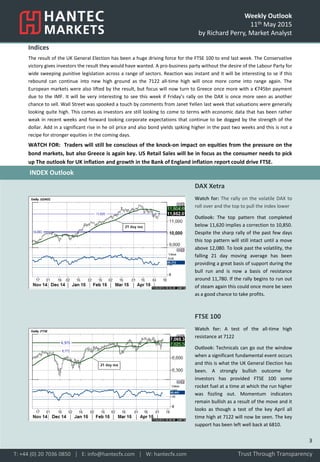 Weekly Outlook
11th May 2015
by Richard Perry, Market Analyst
Indices
The result of the UK General Election has been a huge driving force for the FTSE 100 to end last week. The Conservative
victory gives investors the result they would have wanted. A pro-business party without the desire of the Labour Party for
wide sweeping punitive legislation across a range of sectors. Reaction was instant and it will be interesting to se if this
rebound can continue into new high ground as the 7122 all-time high will once more come into range again. The
European markets were also lifted by the result, but focus will now turn to Greece once more with a €745bn payment
due to the IMF. It will be very interesting to see this week if Friday’s rally on the DAX is once more seen as another
chance to sell. Wall Street was spooked a touch by comments from Janet Yellen last week that valuations were generally
looking quite high. This comes as investors are still looking to come to terms with economic data that has been rather
weak in recent weeks and forward looking corporate expectations that continue to be dogged by the strength of the
dollar. Add in a significant rise in he oil price and also bond yields spiking higher in the past two weeks and this is not a
recipe for stronger equities in the coming days.
WATCH FOR: Traders will still be conscious of the knock-on impact on equities from the pressure on the
bond markets, but also Greece is again key. US Retail Sales will be in focus as the consumer needs to pick
up The outlook for UK inflation and growth in the Bank of England inflation report could drive FTSE.
DAX Xetra
Watch for: The rally on the volatile DAX to
roll over and the top to pull the index lower
Outlook: The top pattern that completed
below 11,620 implies a correction to 10,850.
Despite the sharp rally of the past few days
this top pattern will still intact until a move
above 12,080. To look past the volatility, the
falling 21 day moving average has been
providing a great basis of support during the
bull run and is now a basis of resistance
around 11,780. If the rally begins to run out
of steam again this could once more be seen
as a good chance to take profits.
FTSE 100
Watch for: A test of the all-time high
resistance at 7122
Outlook: Technicals can go out the window
when a significant fundamental event occurs
and this is what the UK General Election has
been. A strongly bullish outcome for
investors has provided FTSE 100 some
rocket fuel at a time at which the run higher
was fizzling out. Momentum indicators
remain bullish as a result of the move and it
looks as though a test of the key April all
time high at 7122 will now be seen. The key
support has been left well back at 6810.
Trust Through TransparencyT: +44 (0) 20 7036 0850 │ E: info@hantecfx.com │ W: hantecfx.com
INDEX Outlook
3
 