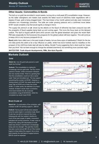 Weekly Outlook
Monday 30th September 2019 by Richard Perry, Market Analyst
Other Assets: Commodities & Bonds
The bull run on gold has stumbled in recent weeks, turning into a multi-week $75 consolidation range. However,
as the dollar strengthens and traders look towards the latest round of US/China trade negotiations with a
degree of hope, gold is being dragged lower. This has broken a four month uptrend and also seen momentum
indicators turn increasingly corrective. The bulls are under growing pressure and a confirmed move below
$1481 would complete a top that would signify a change in trend.
The supply risk premium on oil driven by the attacks on the Saudi oil refineries has been unwound now with
the prospects of Saudi supplies being back up and running again. This turns the focus back on the demand
outlook. The April to August sell-off came amid concern over the global slowdown and given the recent flash
PMI data (especially for the Eurozone) the prospects for the global outlook still look negative. This will continue
to keep a lid on any recovery prospects for oil.
Bond yields have rolled over in the past couple of weeks, but are there signs of stabilisation? Watch for the tier
one data points this week to be a key influence on yields, whilst how bond markets react to newsflow on the
prospect of the US/China trade deal will also be telling. Donald Trump suggesting that a deal could be “closer
than you think” has not been enough to change the renewed downtrend, but something more concrete might.
WATCH FOR: Trade dispute developments, PMIs, Non-farm Payrolls
T: +44 (0) 20 7036 0850 │ E: info@hantecfx.com │ W: hantecfx.com
4
Gold
Watch for: Can the gold bulls prevent a multi-
week top forming?
Outlook: The consolidation is making for
increasingly nervous gold bulls. The four month
uptrend is broken, whilst momentum indicators
are now neutral at best. There is a growing fear
that this consolidation could turn into a seven
week “head and shoulders top”. The key support
preventing this comes in at $1481. However, a
closing breach of $1481 this week would mean a
lower high at $1535 and a lower low (under
$1481). In other words, the definition of a trend
reversal. At least it would mean a corrective
move back towards the old June/July
consolidation range $1381/$1453, whilst the
completed top would imply $1405.
Markets Outlook
Brent Crude oil
Watch for: A continuation of the correction, with
a breach of $61.50 opening support c. $58.00
Outlook: Having spent almost every session
since the spike higher in corrective mode, Brent
Crude has now all but unwound the move.
Subsequently with the market in decline for
much of the past couple of weeks, momentum
indicators are turning corrective. A bear cross on
MACD lines, along with Stochastics at multi-
week lows shows a market that is increasingly
being sold into strength. The past few months
has seen a pivot around $61.50 so if the market
begins to close below this support, the a move
back towards the next band of support around
$58.00 could be expected.
 