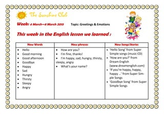 The Sunshine Club
Week: 4 March—8 March 2013      Topic: Greetings & Emotions


This week in the English lesson we learned :
      New Words                 New phrases                    New Songs/Stories
   Hello                 How are you?                       ‘Hello Song’ from Super
   Good morning          I’m fine, thanks!                  Simple songs (music CD)
   Good afternoon        I’m happy, sad, hungry, thirsty,   ‘How are you?’ from
   Goodbye           sleepy, angry                          Dream English
   Happy                 What’s your name?                  (www.dreamenglish.com)
   Sad                                                      ‘If you’re happy, happy,
   Hungry                                                   happy …’ from Super Sim-
   Thirsty                                                  ple Songs
   Sleepy                                                   ‘Goodbye Song’ from Super
                                                            Simple Songs
   Angry
 