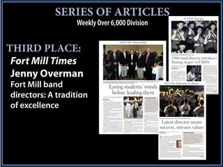 SERIES OF ARTICLES                                                                                                                                                                                                                                                                                                                                                                                                                                                      DR. HOLLIDAY: Style guru

                  Weekly Over 6,000 Division

                                                                           ‘BEAUTIFUL MIND:’ Martin Dickey


THIRD PLACE:                                                                                                                                                                                                                                                                                                                                                                                                                                   The Fort Mill High School Marching Band, circa 1981, cheers.
                                                                                                                                                                                                                                                                                                                                                                                                                                                                                                                                                                         COURTESY OF FMHS




                                                                                                                                                                                                                                                                                                                                                                                                                                               1980s band director introduces
 Fort Mill Times                                                                                                                                                                                                                                                                                                                                                                                                                               ‘floating shapes’ to FMHS
                                                                                                                                                                                                                                                                                                                                                                                                                                                  Editor’s note: This is part of an occa-
                                                                                                                                                                                                                                                                                                                                                                                                                                               sional series leading up to the Fort Mill
                                                                                                                                                                                                                                                                                                                                                                                                                                               Band Alumni reunion in September.
                                                                                                                                                                                                                                                                                                                                                                                                                                               By Jenny Overman
                                                                                                                                                                                                                                                                                                                                                                                                                                                                                                                                                    The difficult drill came with a steep
                                                                                                                                                                                                                                                                                                                                                                                                                                                                                                                                                 learning curve for the band students.
                                                                                                                                                                                                                                                                                                                                                                                                                                                                                                                                                    “We didn’t do well at the early con-
                                                                                                                                                                                                                                                                                                                                                                                                                                                                                                                                                 tests. We were struggling,” Holliday said.
                                                                                                                                                                                                                                                                                                                                                                                                                                               joverman@fortmilltimes.com                                                                           A mid-season competition in Laurens




 Jenny Overman
                                                                                                                                                                                                                                                                                                                                                                                                                                                                                                                                                 turned the band around. As the band took
                                                                                                                                                                                                                                                                                                                                                                                                                                                  FORT MILL — If directors John De-                                                              the field, performing songs including
                                                                                                                                                                                                Week starting Wednesday, August 22, 2012




                                                                                                                                                                                                  Classic cars could be a
                                                                                                                                                                                                  good investment, 3B
                                                                                                                                                                                                                                                                                News
                                                                                                                                                                                                                                                                        Life-changing experience
                                                                                                                                                                                                                                                                        Fort Mill High grad traces the Holocaust, 5A
                                                                                                                                                                                                                                                                                                                                                                                     Got a news tip?
                                                                                                                                                                                                                                                                                                                                                                                            Call us at 547-2353!
                                                                                                                                                                                                                                                                                                                                                                                                                           +    3A
                                                                                                                                                                                                                                                                                                                                                                                                                                               Loach and Ernie Thigpen built the foun-                                                           “New York, New York,” something
                                                                                                                                                                                                                                                                                                                                                                                                                                               dation of the Fort Mill Marching Band                                                             changed, Holliday recalls. The band’s
                                                                                                                                                                                                S.C.                                   Sandy Pointe residents favor annexation
                                                                                                                                                                                                House                                  By John Marks                          representation at the town in ad-        mer, homeowners association         the vote also had possible reper-       “This was certainly a unique

                                                                                                                                                                                                candidate
                                                                                                                                                                                                                                       jmarks@fortmilltimes.com               dition to the county level. Re-          President Russell Phillips said     cussions in other areas. An an-      election,” said Wanda Hemphill,
                                                                                                                                                                                                                                                                              maining outside the limits               the move likely wouldn’t benefit    nexed Sandy Pointe would, for        director of York County Registra-
                                                                                                                                                                                                                                          FORT MILL — Residents of            would mean no town taxes.                him financially, but that overall   instance, bring a community like     tion and Elections. “We’ve never
                                                                                                                                                                                                                                       the Sandy Pointe subdivision ap-          Darren Ham brought his fami-          it could be a boost to property     Huntington Place into a contig-      held an election like that for a
                                                                                                                                                                                                taking it                              proved a request to become part
                                                                                                                                                                                                                                       of the town of Fort Mill in a refer-
                                                                                                                                                                                                                                       endum held last week. The vote
                                                                                                                                                                                                                                                                              ly – which includes two voters –
                                                                                                                                                                                                                                                                              to the polls Aug. 14. Ham’s de-
                                                                                                                                                                                                                                                                              ciding factor was the additional
                                                                                                                                                                                                                                                                                                                       values. Casting his vote Tuesday,
                                                                                                                                                                                                                                                                                                                       Phillips hadn’t changed his
                                                                                                                                                                                                                                                                                                                       opinion.
                                                                                                                                                                                                                                                                                                                                                           uous path where residents there
                                                                                                                                                                                                                                                                                                                                                           could choose to petition a simi-
                                                                                                                                                                                                                                                                                                                                                           lar vote themselves.
                                                                                                                                                                                                                                                                                                                                                                                                subdivision.”
                                                                                                                                                                                                                                                                                                                                                                                                   Following the vote, the town
                                                                                                                                                                                                                                                                                                                                                                                                must give 30 days to allow for

                                                                                                                                                                                                one door                               – 69 in favor and 19 opposed –
                                                                                                                                                                                                                                       was certified Thursday.
                                                                                                                                                                                                                                          Several issues stood at the
                                                                                                                                                                                                                                                                              set of services offered by annex-
                                                                                                                                                                                                                                                                              ation.
                                                                                                                                                                                                                                                                                 “We both voted yes,” he said.
                                                                                                                                                                                                                                                                                                                          Regardless of turnout, Phil-
                                                                                                                                                                                                                                                                                                                       lips said, he planned to stand by
                                                                                                                                                                                                                                                                                                                       the community’s decision.
                                                                                                                                                                                                                                                                                                                                                              It remains to be seen if the
                                                                                                                                                                                                                                                                                                                                                           Sandy Pointe vote will be an
                                                                                                                                                                                                                                                                                                                                                           anomaly or the first of others to
                                                                                                                                                                                                                                                                                                                                                                                                public reaction before Town
                                                                                                                                                                                                                                                                                                                                                                                                Council can approve the move.
                                                                                                                                                                                                                                                                                                                                                                                                The only hang-up would be if ex-

                                                                                                                                                                                                at a time                              heart of the annexation decision.
                                                                                                                                                                                                                                       A move into town limits would
                                                                                                                                                                                                                                       mean better utility costs, gar-
                                                                                                                                                                                                                                                                              “Having the Fort Mill services,
                                                                                                                                                                                                                                                                              the law enforcement – it’s a lot
                                                                                                                                                                                                                                                                              closer.”
                                                                                                                                                                                                                                                                                                                          “If that’s what they decide,
                                                                                                                                                                                                                                                                                                                       then that’s the betterment of the
                                                                                                                                                                                                                                                                                                                       community,” he said.
                                                                                                                                                                                                                                                                                                                                                           come. Such an annexation
                                                                                                                                                                                                                                                                                                                                                           hadn’t been attempted in the
                                                                                                                                                                                                                                                                                                                                                           county, and public officials say
                                                                                                                                                                                                                                                                                                                                                                                                isting Fort Mill residents created
                                                                                                                                                                                                                                                                                                                                                                                                a counter petition, which hasn’t
                                                                                                                                                                                                                                                                                                                                                                                                happened in previous annex-
                                                                                                                                                                                                                                       bage collection and other town            As residents prepared for the            While the decision mainly in-    they’re only aware of a select few   ation cases statewide.
                                                                                                                                                                                                By Stephanie Marks Martell             services, along with political         annexation vote earlier this sum-        volved Sandy Pointe residents,      such petitions statewide.
                                                                                                                                                                                                marksmartelldesign@gmail.com

                                                                                                                                                                                                   FORT MILL — Armed with a
                                                                                                                                                                                                bottle of Gatorade, a box of busi-
                                                                                                                                                                                                ness cards and his dad’s yellow
                                                                                                                                                                                                Ford pickup, South Carolina
                                                                                                                                                                                                House District 26 Libertarian                                    WELCOME BACK, COTTER: Band reunion                                                                                             ‘Urban’
                                                                                                                                                                                                candidate Jeremy Walters is hit-

                                                                                                                                                                                                                                                                                                                                                                                                could be
                                                                                                                                                                                                ting the pavement to reach out to




                                                                                                                                                                                                                                                                                                                                                                                                                                               program, Dr. Terry Holliday gave the pro-                                                         hard work in rehearsals took root and
                                                                                                                                                                                                voters before the 2012 General
                                                                                                                                                                                                Election on Nov. 6.
                                                                                                                                                                                                   Walters faces Raye Felder, a Re-
                                                                                                                                                                                                publican running as a petition
                                                                                                                                                                                                candidate after her name was
                                                                                                                                                                                                knocked off the primary ballot
                                                                                                                                                                                                                                                                                                                                                                                                on its way
                                                                                                                                                                                                along with dozens of others be-
                                                                                                                                                                                                cause of a technicality in a state-
                                                                                                                                                                                                wide filing glitch. Walters is rela-
                                                                                                                                                                                                                                                                                                                                                                                                Fort Mill’s downtown
                                                                                                                                                                                                tively unknown while Felder has                                                                                                                                                                 may get a new look
                                                                                                                                                                                                deep ties to the Fort Mill commu-
                                                                                                                                                                                                nity.                                                                                                                                                                                           By John Marks
                                                                                                                                                                                                   “My friends asked me, ‘How                                                                                                                                                                   jmarks@fortmilltimes.com
                                                                                                                                                                                                are you going to win this?’ I’m go-
                                                                                                                                                                                                ing to go door to door and ask                                                                                                                                                                     F O RT M I L L — S o m e d a y
                                                                                                                                                                                                them to vote for me. I’ve handed                                                                                                                                                                downtown Fort Mill could have a
                                                                                                                                                                                                out 600 cards. I just have 25,000                                                                                                                                                               drastically different look. If it
                                                                                                                                                                                                more to go. It’s not that big of a                                                                                                                                                              does, two recent moves by Town
                                                                                                                                                                                                deal,” Walters laughs.                                                                                                                                                                          Council could play a role.
                                                                                                                                                                                                   Walters is canvassing the dis-                                                                                                                                                                  On Aug. 13 Council moved for-
                                                                                                                                                                                                trict neighborhood by neighbor-                                                                                                                                                                 ward with ordinances changing
                                                                                                                                                                                                hood, knocking on doors and in-                                                                                                                                                                 what signs are allowed in local
                                                                                                                                                                                                troducing himself to potential                                                                                                                                                                  commercial zoning districts and
                                                                                                                                                                                                voters.                                                                                                                                                                                         allowing for a new urban devel-
                                                                                                                                                                                                   While making his rounds in                                                                                                                                                                   opment zoning district. Both is-
                                                                                                                                                                                                Fort Mill’s White Grove neigh-                                                                                                                                                                  sues could apply in several loca-
                                                                                                                                                                                                borhood Thursday evening, Wal-                                                                                                                                                                  tions in town, though the Main
                                                                                                                                                                                                ters stopped to speak to resident                                                                                                                                                               Street area is a particularly strong
                                                                                                                                                                                                Lee Thompson, who said he                                                                                                                                                                       possibility.
                                                                                                                                                                                                plans to vote Nov. 6.                                                                                                                                                                              “What we’re talking about is




                                                                                                                                                                                                                                                                                                                                                                                                                                               gram the style and uniqueness that is its                                                         blossomed.
                                                                                                                                                                                                   “I vote in all of them,” he said.                                                                                                                                                            mainly in the downtown area,”
                                                                                                                                                                                                “This is the most important elec-                                                                                                                                                               said Councilman Larry Huntley.
                                                                                                                                                                                                                                                                                                                                               PHOTOS SPECIAL TO THE FORT MILL TIMES            “It’s something we’ve looked at
                                                                                                                                                                                                tion in my lifetime. I’m a Repub-
                                                                                                                                                                                                lican. Some things are going on           An overview of the Fort Mill High School Band perfroming in the 1987 S.C. State Competiton.                                                           where if you have that residen-
                                                                                                                                                                                                that I absolutely disagree with                                                                                                                                                                 tial, you have a built-in market


                                                                                                                                                                                                                                                     FMHS director’s themes
                                                                                                                                                                                                and that concern me for my chil-                                                                                                                                                                for restaurants, that type of
                                                                                                                                                                                                dren and their children. To me it                                                                                                                                                               thing.”
                                                                                                                                                                                                looks pretty ugly right now,” Mr.                                                                                                                                                                  The new zoning district is a
                                                                                                                                                                                                Thompson said.                                                                                                                                                                                  high-density residential tool
                                                                                                                                                                                                   White Grove resident Robert                                                                                                                                                                  aimed at “flexible, infill-style de-
                                                                                                                                                                                                Ryals, who works as an audiovi-
                                                                                                                                                                                                sual archivist at Winthrop Uni-
                                                                                                                                                                                                versity, also has concerns. He
                                                                                                                                                                                                cites dwindling funding for edu-
                                                                                                                                                                                                                                                      spanned war, Disney                                                                                                                       velopment” within the town’s ur-
                                                                                                                                                                                                                                                                                                                                                                                                ban areas. Council first heard de-
                                                                                                                                                                                                                                                                                                                                                                                                tails of the new zoning in July,
                                                                                                                                                                                                                                                                                                                                                                                                when they were told by staff that
                                                                                                                                                                                                cation in the K-12 grades and on                                                                                                                                                                no particular projects had come
                                                                                                                                                                                                the university level as a major is-          Editor’s note: This is part of an occa-                                                       former band member Christi Pearse                    before the town but that the new
                                                                                                                                                                                                sue during this election. Ryals           sional series leading up to the Fort Mill                                                        Knight remembers best. The show                      zoning could create an option for
                                                                                                                                                                                                questioned Walters about his              Band reunion on Sept. 15.                                                                        opened with “When Johnny Comes                       developers.
                                                                                                                                                                                                platform and expressed doubts             By Jenny Overman                                                                                 Marching Home.” During the show the                     Huntley envisions something
                                                                                                                                                                                                that a Libertarian approach could         joverman@fortmilltimes.com                                                                       band broke into two parts representing               where perhaps a downstairs level
                                                                                                                                                                                                be good for education.                                                                                                                     the North and the South.                             is commercial with residential
                                                                                                                                                                                                   The brand new 26th S.C.                   FORT MILL — It was 1991, and the Fort                                                            Without warning, the students would               upstairs, where residents have a
                                                                                                                                                                                                House District is a result of state-      Mill High School Marching Band was                                                               break rank mid-show and stage a war on               variety of shops or services with-
                                                                                                                                                                                                wide legislative redistricting            leaving the field after performing their                                                         the field – using their instruments as               in walking distance. Aimed at
                                                                                                                                                                                                completed in 2011 in response to          Christmas-themed show at a competition                                                           weapons and flash cubes to represent                 helping whatever businesses
                                                                                                                                                                                                population increases indicated            in Florida.                                                                                      gun fire.                                            may locate there is the new
                                                                                                                                                                                                by 2010 census data. District 26 is          The next band on the schedule took                                                               “The first time he explained to us what           change to the town’s sign rules.
                                                                                                                                                                                                sandwiched between District 45            one look at the Fort Mill band’s perfor-                                                         we were going to do, I thought it would be              Areas like downtown current-
                                                                                                                                                                                                to the east, where incumbent Re-          mance and decided they weren’t compet-                                                           the stupidest thing. But it looked great,”           ly don’t allow for projecting
                                                                                                                                                                                                publican Deborah Long will run            ing anymore, remembers director Bob                                                              Knight said. “I even had people in college           signs, or signs reaching from the
                                                                                                                                                                                                uncontested in the general elec-          Cotter.                                                                                          ask where I was from. When I told them               building that are more easily seen




                                                                                                                                                                                                                                                                                                                                                                                                                                               hallmark even today.                                                                                 “We won that show and never looked
                                                                                                                                                                                                tion, and District 48 to the west,           “The director for the band that fol-                                                          I’d been in the Fort Mill band they’d say,           by foot or vehicle traffic. The
                                                                                                                                                                                                where incumbent Republican                lowed us on the field came running up                                                            ‘Civil war show, best show ever.’”                   change allows for up to 12 square
                                                                                                                                                                                                Ralph Norman also will run un-            and said, ‘I’m not competing; I’m not                                                               One of Cotter’s signature point-earn-             feet of signage extending up to
                                                                                                                                                                                                contested. District 45 includes           competing. I only want comments from                                                             ing moves was the band’s ‘closer.’ It was            three feet from the building, al-
                                                                                                                                                                                                eastern Fort Mill but is situated         the judges,’” Cotter said.                                                                       the 30 seconds at the end of a show where            lowing just one per business.
                                                                                                                                                                                                primarily in Lancaster County,               It wasn’t the first time, or the last time,                                                   he’d have the color guard race across the               Initially, Council expressed
                                                                                                                                                                                                while Tega Cay is in District 48.         that the Fort Mill Band would blow away                                                          field, and the band would perform some               some concerns such as on Main
                                                                                                                                                                                                   “Very few people knew there            the competition.                                  Jason Ford, now an English teacher at          of its most difficult and dramatic music.            Street where public right-of-way
                                                                                                                                                                                                was a newly created House seat,”             Cotter took over as director of the Fort       Fort Mill High School who works with              “The last thing you remember when                 begins almost immediately at the
                                                                                                                                                                                                Walters said, adding that it was          Mill High School Marching Band in 1987            the band, holds up Fort Mill’s state           you meet someone is what it felt like to             businesses, and movement or
                                                                                                                                                                                                difficult “trying to explain the ex-      after being recruited for the position by         Championship trophy in 1987.                   say goodbye,” Cotter said. “It’s that final          visibility of pedestrians could be
                                                                                                                                                                                                citement –being the only person           former director Terry Holliday. During                                                           goodbye that the judges remember more                impacted.
                                                                                                                                                                                                on the ballot at one point, and           Cotter’s five years as director, he would         ence and the judges. A Disney-themed           than anyone else. If you nail that to the               “The signs, whatever objec-
                                                                                                                                                                                                having them look at you and say,          take the band from being just an award-           show was performed in front of a replica       wall, your score will go up.”                        tions there may have been we
                                                                                                                                                                                                ‘Is that like Congress or some-           winning marching band to being both               of Cinderella’s castle – built by the group       It’s the 1987 marching band show that             should be able to take care of in
                                                                                                                                                                                                thing?’”                                  winners and show-stopping performers.             of parents known as the “pit crew.” The        Cotter remembers best, though. During a              the way the ordinance is written
                                                                                                                                                                                                   If elected, Walters’ job descrip-         Marching band shows during most of             Christmas show featured several wooden         moving rendition of “How Great Thou                  up,” Huntley said. “I actually
                                                                                                                                                                                                tion will be “to be the voice of the      Cotter’s era had themes, costumes and             Christmas trees that lit up and flashed.                                                            think that it’ll be an enhance-
                                                                                                                                                                                                people,” he said. “Trying to keep         props that helped tell a story to the audi-          It was the Civil War-themed show that                            Please see BAND     4A          ment to the area.”
                                                                                                                                                                                                up with what Fort Mill needs.                                                                                                                                                                      Signs would still require per-
                                                                                                                                                                                                That’s the most important part.”                                                                                                                                                                mits and review, in places even


                                                                                                                                                                                                                                       Public invited to speak at rec hearing
                                                                                                                                                                                                   Walters, a carpenter, said the                                                                                                                                                               by the Historic Review Board.
                                                                                                                                                                                                responsibilities of the South Car-                                                                                                                                                              Council also sees a safety benefit,
                                                                                                                                                                                                olina state government to the                                                                                                                                                                   with flat storefront signs often
                                                                                                                                                                                                people are listening to what con-                                                                                                                                                               difficult to see while driving the
                                                                                                                                                                                                stituents want, representing the       By Jenny Overman                                                                                     we’re doing with athletics and facilities. As       narrow length of Main Street.
                                                                                                                                                                                                people to make sure their rights       joverman@fortmilltimes.com                                                                                                                               Small projecting signs, some
                                                                                                                                                                                                are upheld, and “not blowing the
                                                                                                                                                                                                                                                                                              Speak up                                      Fort Mill continues to grow we need to
                                                                                                                                                                                                                                                                                                                                            make sure we have growing and improving             said, would be easier to place and
                                                                                                                                                                                                taxpayers’ money on ridiculous            FORT MILL — Residents will have two                    The public meetings will be held           on our radar,” Simpson said.                        keep traffic moving.
                                                                                                                                                                                                things.” If he is elected, his core    opportunities over the next two weeks to let           from 6 p.m. to 7 p.m. Aug. 28 and Sept.          One area of expansion on the horizon is             One area where projecting




                                                                                                                                                                                                                                                                                                                                                                                                                                                  When Holliday took over as director of                                                         back after that,” Holliday said.
                                                                                                                                                                                                team will consist largely of peo-      town officials know what they want in the              4 at Town Hall. The meeting isn’t just for    at Doby’s Bridge Park, Simpson said, where          signs and similar urban zoning
                                                                                                                                                                                                ple associated with the S.C. Co-       way of recreation sports and other similar             town residents, Fort Mill Parks and           more fields are needed. That expansion will         plans already are in place is Bax-
                                                                                                                                                                                                alition 4 Parents & Children, with     programming.                                           Recreation Director Brown Simpson             be discussed at the public meetings, he add-        ter Village. Clair Robinson, own-
                                                                                                                                                                                                whom Walters has spent the past           The town will host two public meetings              said. Anyone interested in recreation in      ed.                                                 er of The Bump Maternity Bou-
                                                                                                                                                                                                year lobbying for more equal           in Town Hall starting at on Aug 28 and Sept            the community is welcome, he said.               The department has around 3,500 kids             tique, said her store of two-and-a-
                                                                                                                                                                                                rights for both parents in child       4. Both meetings begin at 6 p.m.                                                                     involved in its recreation programs annu-           half years benefits from both.
                                                                                                                                                                                                custody cases.                            “What we want to do is have the commu-                                                            ally. That number has grown significantly              “A lot of our traffic is drive-by
                                                                                                                                                                                                   “I’m going to try to get the        nity meeting to give the public a chance to         tackle football, baseball, softball and          since the town took over the athletic pro-          traffic,” she said of her store sign
                                                                                                                                                                                                younger people in – that’s who I       give input about what they like, what they          cheerleading. It also organizes recreational     grams from the Leroy Springs Recreation             out front. “They’re driving by
                                                                                                                                                                                                plan to use. They don’t know it        don’t and what the want to see in the fu-           events such as movies in the park and ulti-      Complex in 2010.                                    and they’re not necessarily com-
                                                                                                                                                                                                yet. I have all my damage that I       ture,” said Fort Mill Parks and Recreation          mate Frisbee pick-up games.                         Most of the children are from Fort Mill,         ing here looking for us.”
                                                                                                                                                                                                want to do, like bills of my own       Director Brown Simpson.                               The recreation department oversees the         but many come from around the region, in-              The urban feel of Baxter also
                                                                                                                                                                                                personally,” he said.                     “We want to expand on what the public            town’s seven parks and facilities, including     cluding South Charlotte, Waxhaw, N.C.,              helps in that the restaurants and
                                                                                                                                                                                                   Walters’ personal fights in-        wants.”                                             the Spratt Building, Confederate Park and        and Indian Land.                                    stores nearby can help each oth-
                                                                                                                                                                                                                                          Right now, the town offers recreation            Walter Elisha Park.                                 Simpson expects the number of partici-
                                                                                                                                                                                            +             Please see WALTERS     7A    sports programs, including soccer, flag and           “I think people are pleased with what          pants to continue to rise.                                      Please see URBAN     7A




                                                                                                                                                                                                                                                                                                                                                                                                                                               the Fort Mill Marching Band in 1981, the                                                             Holliday had previously taught a mid-
                                                                                                                                                                                                                                                                                                                                                                                                                                               band’s typical show was a series of                                                               dle school band in Greenwood and took
                                                                                                                                                                                                                                                                                                                                                                                                                                               shapes formed by the students and held                                                            the position at Fort Mill High School eager
                                                                                                                                               PHOTOS BY CARL HAMES - SPECIAL TO THE FORT MILL TIMES
                                                                                                                                                                                                                                                                                                                                                                                                                                               steady for a short time period.                                                                   to become involved with the band pro-




Fort Mill band
                           John DeLoach, Ernie Thigpen, Martin Dickey, Bob Cotter and Dr. Terry Holliday pose together at a band concert in 2007 honoring the school’s dozens of                                                                                                                                                                                                                                                                  Holliday changed that. He “floated”                                                            gram at Fort Mill, which was rapidly earn-
                           state championships. All are scheduled to atten the upcoming reunion on Sept. 15.
                                                                                                                                                                                                                                                                                                                                                                                                                                       PRUITT’S BAND: ‘Performance of a lifetime’
                                                                                                                                                                                                                                                                                                                                                                                                                                               shapes. The band would make a shape –
                                                                                                                                                                                                                                                                                                                                                                                                                                               diamond was a favorite – and “float” it
                                                                                                                                                                                                                                                                                                                                                                                                                                                                                                                                                 ing a reputation around the state for its
                                                                                                                                                                                                                                                                                                                                                                                                                                                                                                                                                 success.



                                            Easing students’ minds
                                                                                                                                                                                                                                                                                                                                                                                                                                               across the field, a technique that showed                                                            Under the leadership of DeLoach and
                                                                                                                                                                                                                                                                                                                                                                                                                                               off the band’s marching skill that took      Dr. Terry Holliday conducts the band.                Thigpen, the band had two state titles un-
                                                                                                                                                                                                                                                                                                                                                                                                                                               countless hours of practice to perfect.                                                           der its belt and had recently made the
                                                                                                                                                                                                                                                                                                                                                                                                                                                  The band was ready for the challenge,                                                          transition from class 2A to 3A.
                                                                                                                                                                                                                                                                                                                                                                                                                                               Holliday said.                                port, you just put a package together that             During Holliday’s seven years as band
                                                                                                                                                                                                                                                                                                                                                                                                                                                  “The tradition was built. The kids         the kids like and the fans liked,” he said.         director, the band would win six more



                                             before leading them
                                                                                                                                                                                                                                                                                                                                                                                                                                               knew it took hard work. We didn’t even          But the first few months of that first




directors: A tradition
                                                                                                                                                                                                                                                                                                                                                                                                                                               have to struggle with community sup-          band season had a few hiccups, he said.                                  Please see BAND    2A




                             Editor’s note: This is the next installment of an
                           occasional series leading up to the Fort Mill Band re-                                                                Come to the reunion
                           union Sept. 15.
                           By Jenny Overman                                                                                                          The Fort Mill Band Alumni Reunion is Sept. 15.
                           joverman@fortmilltimes.com                                                                                            It will include dinner at the stadium, a chance to
                                                                                                                                                 buy the 1975-’89 era band uniform and a silent
                              FORT MILL — If the only constant in life is change,




of excellence
                                                                                                                                                 auction. Alumni are encouraged to bring their
                           the Fort Mill High School Marching Band got an up
                                                                                                                                                 instruments and perform “The Horse” with the
                           close and personal life lesson in the early 1990s.
                                                                                                                                                 Fort Mill Marching Band. The band will preview its
                              Band director Bob Cotter left the band in 1992 and
                                                                                                                                                 2012 show. Five previous band directors are
                           Scott Lambert, a director from Virginia, took the reins.
                                                                                                                                                 scheduled to attend. A portion of proceeds from
                           Lambert led the band to two state championships in
                                                                                                                                                 the event will fund Dollars for Dublin – the band’s
                           two years before resigning the position early in the
                           1994 competition season.                                                                                              fundraising efforts for its trip to Dublin, Ireland to
                              With Lambert gone, the school’s administration                                                                     perform in the St. Patrick’s Day Parade. For more
                           turned to Martin Dickey, the middle school band direc-                                                                information or to buy tickets, go to
                           tor, to take over.                                                                                                    www.fortmillhsband.com/alumni/.
                              The transition from Lambert to Dickey was stressful
                           for students, Dickey said, especially seniors who were
                           facing their third director in four years.                                                                             “It doesn’t matter if you win or lose. It’s how you
                              “It could have been devastating on the program,”                                                                 play the game. Did you do your best? If you have that
                           Dickey said.                                                                                                        philosophy, everything else will follow,” Dickey said.
                                                                                                                                                                                                                                                                                                                                                                                                                                                                                                                        COURTESY OF JOSH HERBERT
                              Dickey prevented the unease and uncertainty from                                                                    Dickey’s leadership and sage advice helped soothe
                           becoming a negative experience for the students. He         Martin Dickey leads the Fort MIll Marching Band.        the sting of the loss, Plyler said. The band gathered Pruitt talks to the members of the Fort Mill High School Marching Band.
                                                                                                                                                                                            Director John
                           spent a lot of time talking to students and getting to                                                              together after the loss and Dickey told the students



                                                                                                                                                                                                                                                                                                                           Latest director savors
                           know them better.                                              The drama and excitement of the stadium lights       how sorry he was that the competition hadn’t gone
                              “I told them, ‘This is the situation we’re in, and we    gave nighttime performances more energy than a mid-     their way.
                           have to live with it,’ Dickey said. “And they rallied. We   afternoon performance.                                     Plyler got the impression that Dickey, although try-
                           had a great season. We just focused on the positive and        That year, the band was assigned a midday perfor-    ing to stay positive, “was never letting that happen
                           making the situation the best we could.”                    mance time. The performance lacked the energy that a    again.”



                                                                                                                                                                                                                                                                                                                          success, stresses values
                              That year was the first in five years that the band      nighttime show would have.                                 The band won the State competition for the next
                           didn’t win the State title. Something was “off” about          “It was a major let down. Everyone wanted to per-    five years in a row.
                           that competition, said Wil Plyler, the band’s drum ma-      form under the lights. It was a magical moment. We         Dickey directed the Fort Mill Marching Band for 12
                           jor in 1994. Typically, the band would be among the         thrived off the crowd’s energy,” Plyler said. “No one   years and led the group to eight state championships.
                           last bands to perform at the State competition. Those       wants to perform in the afternoon.”                     During his tenure, he led the band through the transi-
                           last spots were coveted because they were late in the          The band finished in second place. There was dis-    tion from Class 3A to 4A, organized three trips for the
                           evening and performed under the lights of the football      appointment, but Dickey reminded students that you                                                   Editor’s note: This is the final installment of a series.
                           stadium.                                                    can’t win ‘em all.                                                                        Please see By Jenny4A
                                                                                                                                                                                              BAND Overman                                               Come to the reunion                   joverman@fortmilltimes.com
                                                                                                                                                                                                                                                                                                                                                                                                                                                                                      The Fort Mill Band Alumni Reunion is Sept. 15. It will
                                                                                                                                                                                                                                                                                                                                        FORT MILL TOWNSHIP                                                                                                                        include dinner at the stadium, a chance to buy the 1975-89



                                                                                                                                                                                                                                                                                               T
                                                                                                                                                                                                                                                                                                       he Fort Mill High School Marching Band, under the direc-                                                                                                                   era band uniform and a silent auction. Alumni are encouraged
                                                                                                                                                                                                                                                                                                       tion of John Pruitt, marched onto the competition field in                                                                                                                 to bring their instruments and perform “The Horse” with the
                                                                                                                                                                                                                                                                                                       Akron, Ohio, last year, facing 35-mile-per-hour winds                                                                                                                      Fort Mill Marching Band. The band will preview its 2012 show.
                                                                                                                                                                                                                                                                                               and chilly 40-degree weather. The wind                                                                                                                                             Five previous band directors, including Thigpen, are
                                                                                                                                                                                                                                                                                               knocked students off balance and tossed the                                                                                                                                        scheduled to attend. A portion of proceeds from the event will
                                                                                                                                                                                                                                                                                               plumes on their hats into the air, but the band                                                                                                                                    fund Dollars for Dublin – the band’s fundraising efforts for its
                                                                                                                                                                                                                                                                                               kept their eyes on the prize.                                                                                                                                                      trip to Dublin, Ireland to perform in the St. Patrick’s Day
                                                                                                                                                                                                                                                                                                  They wanted to take home the first Regional                                                                                                                                     Parade. For more information or to buy tickets, go to
                                                                                                                                                                                                                                                                                               Bands of America title in Fort Mill band history.                                                                                                                                  www.fortmillhsband.com/alumni/.
                                                                                                                                                                                                                                                                                                  “The students were noticeably aggressive,”
                                                                                                                                                                                                                                                                                               Pruitt said. “They weren’t making any excuses.
                                                                                                                                                                                                                                                                                               We weren’t going to be an ‘also ran.’”                                                                                                                                          America competition.
                                                                                                                                                                                                                                                                                                  After battling the elements in the preliminary                                                                                                                                  Sara Ann Hutto, a junior at the time, will never forget how she
                                                                                                                                                                                                                                                                                               competition the band was awarded first place in John Pruitt                                                                                                                     felt after winning the Regional Championship title.
                                                                                                                                                                                                                                                                                               its class and a spot in the final competition that evening.                                                                                                                        “It was perfect. I had all my friends around me and I remem-
                                                                                                                                                                                                                                                                                                  In the final competition, the band again brought out its take-                                                                                                               ber walking off the field thinking, ‘Wow, did that really hap-
                                                                                                                                                                                                                                                                                               no-prisoners attitude.                                                                                                                                                          pen?’” Hutto said.
                                                                                                                                                                                                                                                                                                  “The crowd responded,” Pruitt said. “Even before we knew                                                                                                                        After accepting their trophy, the band was invited back onto
                                                                                                                                                                                                                                                                                               we had won, we knew it was the performance of a lifetime.”                                                                                                                      the field to perform The Horse, the traditional Fort Mill fight
                                                                                                                                                                                                                                                                                                  The band won first place in the final competition as well as                                                                                                                 song. With emotions running high and tears in many of the
                                                                                                                                                                                                                                                                                               first place awards for Outstanding Visual Performance and Out-                                                                                                                  students’ eyes, the band performed in a stadium full of proud
                                                                                                                                                                                                                                                                                               standing General Effect. It was the first time in Fort Mill band
                                                                                                                                                                                                                                                                                               history that the band had taken first place in a regional Bands of                                                                                                                                                             Please see BAND        6A
 