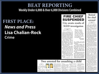 BEAT REPORTING
        Weekly Under 6,000 & Over 6,000 Divisions Combined


FIRST PLACE:
 News and Press
 Lisa Chalian-Rock
Crime




                                                                                                             MAY 2, 2012


                                    Two arrested for assaulting a child
                               By Lisa Chalian-Rock                                          officials that a teacher assistant   officials said.                   with open hands repeatedly as       an open hand at least twice.
                                       Editor                                                and a behavioral manager work-           “This behavior is unaccept-   they put him in a safety harness       There were no physical mani-
                          lisa@newsandpressonline.com
                                                                                             ing for the school district          able, especially coming from      on the bus.                         festations of the assault such as
                                                                                             allegedly slapped an exceptional     adults who have been entrusted       “The attitude is very aggres-    blood or bruising.
                          Two school employees were                                          education student as they were       with the care of our children,”   sive as she’s trying to put the        The child did not raise his
                       arrested on Friday for allegedly                                      placing him in his safety harness    Superintendent Dr. Rainey         safety harness on the child,”       arms or show any aggressive
                       assaulting a 10-year-old special                                      on the school bus.                   Knight said. “We do not condone   Darlington Police Chief Watson      behavior during the incident,
                       needs child at St. John’s                                                 As soon as the matter was        this behavior anywhere in our     said.                               Chief Watson said. “He never
                       Elementary       School       in                                      brought to the attention of dis-     district for any child.”             In the video you see the other   raised a hand to defend himself.”
                                                          Dudley           Self
                       Darlington.                                                           trict administrators, the two            The local police were noti-   attendant arrive and slap the          The child is nonverbal, which
                          Tomeka Self of Society Hill     Department and charged with        individuals were placed on           fied, began investigating and     child on the side of the face and   limits his ability to ask for help,
                       and Rosanna Dudley of              simple assault and battery. Both   administrative leave without         filed charges the same day.       head, he said. One lady pushes      Chief Watson said.
                       Darlington were arrested Friday    are out on bond.                   pay, pending the outcome of an           The women are seen on video   the child’s head forward into the
                       by the Darlington Police              A bus driver alerted school     investigation, school district       slapping and hitting the child    seat. Both struck the child with           CHILD ASSAULT, 7A
 