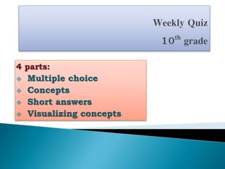 4 parts:
 Multiple choice
 Concepts
 Short answers
 Visualizing concepts
 
