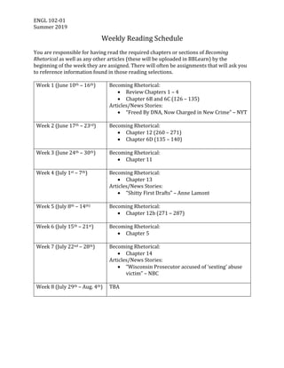 ENGL	102-01	
Summer	2019	
Weekly	Reading	Schedule	
	
You	are	responsible	for	having	read	the	required	chapters	or	sections	of	Becoming	
Rhetorical	as	well	as	any	other	articles	(these	will	be	uploaded	in	BBLearn)	by	the	
beginning	of	the	week	they	are	assigned.	There	will	often	be	assignments	that	will	ask	you	
to	reference	information	found	in	those	reading	selections.		
Week	1	(June	10th	–	16th)		 Becoming	Rhetorical:	
• Review	Chapters	1	–	4	
• Chapter	6B	and	6C	(126	–	135)	
Articles/News	Stories:	
• “Freed	By	DNA,	Now	Charged	in	New	Crime”	–	NYT	
	
Week	2	(June	17th	–	23rd)	 Becoming	Rhetorical:	
• Chapter	12	(260	–	271)		
• Chapter	6D	(135	–	140)	
	
Week	3	(June	24th	–	30th)	 Becoming	Rhetorical:	
• Chapter	11	
	
Week	4	(July	1st	–	7th)	 Becoming	Rhetorical:	
• Chapter	13	
Articles/News	Stories:	
• “Shitty	First	Drafts”	–	Anne	Lamont		
	
Week	5	(July	8th	–	14th)	 Becoming	Rhetorical:	
• Chapter	12b	(271	–	287)	
	
Week	6	(July	15th	–	21st)	 Becoming	Rhetorical:	
• Chapter	5	
	
Week	7	(July	22nd	–	28th)	 Becoming	Rhetorical:	
• Chapter	14	
Articles/News	Stories:	
• “Wisconsin	Prosecutor	accused	of	‘sexting’	abuse	
victim”	–	NBC		
	
Week	8	(July	29th	–	Aug.	4th)		 TBA	
	
 