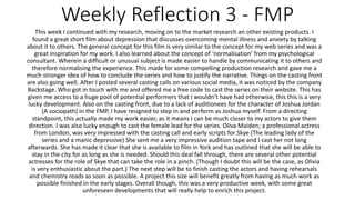 Weekly Reflection 3 - FMP
This week I continued with my research, moving on to the market research an other existing products. I
found a great short film about depression that discusses overcoming mental illness and anxiety by talking
about it to others. The general concept for this film is very similar to the concept for my web series and was a
great inspiration for my work. I also learned about the concept of ‘normalisation’ from my psychological
consultant. Wherein a difficult or unusual subject is made easier to handle by communicating it to others and
therefore normalising the experience. This made for some compelling production research and gave me a
much stronger idea of how to conclude the series and how to justify the narrative. Things on the casting front
are also going well. After I posted several casting calls on various social media, it was noticed by the company
Backstage. Who got in touch with me and offered me a free code to cast the series on their website. This has
given me access to a huge pool of potential performers that I wouldn’t have had otherwise, this this is a very
lucky development. Also on the casting front, due to a lack of auditionees for the character of Joshua Jordan
(A sociopath) in the FMP, I have resigned to step in and perform as Joshua myself. From a directing
standpoint, this actually made my work easier, as it means I can be much closer to my actors to give them
direction. I was also lucky enough to cast the female lead for the series. Oliva Maiden; a professional actress
from London, was very impressed with the casting call and early scripts for Skye (The leading lady of the
series and a manic depressive) She sent me a very impressive audition tape and I cast her not long
afterwards. She has made it clear that she is available to film in York and has outlined that she will be able to
stay in the city for as long as she is needed. Should this deal fall through, there are several other potential
actresses for the role of Skye that can take the role in a pinch. (Though I doubt this will be the case, as Olivia
is very enthusiastic about the part.) The next step will be to finish casting the actors and having rehearsals
and chemistry reads as soon as possible. A project this size will benefit greatly from having as much work as
possible finished in the early stages. Overall though, this was a very productive week, with some great
unforeseen developments that will really help to enrich this project.
 