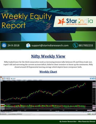 ;
Weekly Equity
Report
24-9-2018 support@starindiaresearch.com 8817002233
Nifty Weekly View
Nifty traded lower for the third consecutive week as increasing tension talks between US and China trade war,
rupee's fall and narrowing the current account deficit, failed to cheer investors to boost up the sentiments. Nifty
closed around 20 Exponential moving average which depicts bears overpower bulls.
Weekly Chart
By Senior Researcher – Miss Namrata Otwani
 