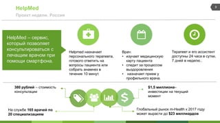 HelpMed
Проект недели. Россия
3
HelpMed – сервис,
который позволяет
консультироваться с
лечащим врачом при
помощи смартфона.
Helpmed назначает
персонального терапевта,
готового ответить на
вопросы пациента или
собрать анамнез в
течение 10 минут.
Врач:
• изучает медицинскую
карту пациента
• следит за процессом
выздоровления
• назначает прием у
профильного врача.
Терапевт и его ассистент
доступны 24 часа в сутки,
7 дней в неделю..
380 рублей – стоимость
консультации
На службе 165 врачей по
20 специализациям
$1,5 миллиона–
инвестиции на текущий
момент
Глобальный рынок m-Health к 2017 году
может вырасти до $23 миллиардов
 