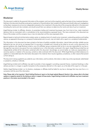 Weekly Review



Disclaimer
This document is solely for the personal information of the recipient, and must not be singularly used as the basis of any investment decision.
Nothing in this document should be construed as investment or financial advice. Each recipient of this document should make such investigations
as they deem necessary to arrive at an independent evaluation of an investment in the securities of the companies referred to in this document
(including the merits and risks involved), and should consult their own advisors to determine the merits and risks of such an investment.

Angel Broking Limited, its affiliates, directors, its proprietary trading and investment businesses may, from time to time, make investment
decisions that are inconsistent with or contradictory to the recommendations expressed herein. The views contained in this document are
those of the analyst, and the company may or may not subscribe to all the views expressed within.

Reports based on technical and derivative analysis center on studying charts of a stock's price movement, outstanding positions and trading
volume, as opposed to focusing on a company's fundamentals and, as such, may not match with a report on a company's fundamentals.

The information in this document has been printed on the basis of publicly available information, internal data and other reliable sources
believed to be true, but we do not represent that it is accurate or complete and it should not be relied on as such, as this document is for
general guidance only. Angel Broking Limited or any of its affiliates/ group companies shall not be in any way responsible for any loss or
damage that may arise to any person from any inadvertent error in the information contained in this report. Angel Broking Limited has not
independently verified all the information contained within this document. Accordingly, we cannot testify, nor make any representation or
warranty, express or implied, to the accuracy, contents or data contained within this document. While Angel Broking Limited endeavours to
update on a reasonable basis the information discussed in this material, there may be regulatory, compliance, or other reasons that prevent
us from doing so.

This document is being supplied to you solely for your information, and its contents, information or data may not be reproduced, redistributed
or passed on, directly or indirectly.

Angel Broking Limited and its affiliates may seek to provide or have engaged in providing corporate finance, investment banking or other
advisory services in a merger or specific transaction to the companies referred to in this report, as on the date of this report or in the past.

Neither Angel Broking Limited, nor its directors, employees or affiliates shall be liable for any loss or damage that may arise from or in
connection with the use of this information.

Note: Please refer to the important `Stock Holding Disclosure' report on the Angel website (Research Section). Also, please refer to the latest
update on respective stocks for the disclosure status in respect of those stocks. Angel Broking Limited and its affiliates may have investment
positions in the stocks recommended in this report.




   Ratings (Returns) :          Buy (> 15%)                              Accumulate (5% to 15%)                      Neutral (-5 to 5%)
                                Reduce (-5% to -15%)                     Sell (< -15%)
 