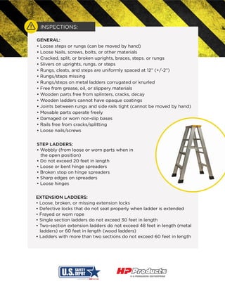 INSPECTIONS:
GENERAL:
• Loose steps or rungs (can be moved by hand)
• Loose Nails, screws, bolts, or other materials
• Cracked, split, or broken uprights, braces, steps. or rungs
• Slivers on uprights, rungs, or steps
• Rungs, cleats, and steps are uniformly spaced at 12” (+/-2”)
• Rungs/steps missing
• Rungs/steps on metal ladders corrugated or knurled
• Free from grease, oil, or slippery materials
• Wooden parts free from splinters, cracks, decay
• Wooden ladders cannot have opaque coatings
• Joints between rungs and side rails tight (cannot be moved by hand)
• Movable parts operate freely
• Damaged or worn non-slip bases
• Rails free from cracks/splitting
• Loose nails/screws
STEP LADDERS:
• Wobbly (from loose or worn parts when in
the open position)
• Do not exceed 20 feet in length
• Loose or bent hinge spreaders
• Broken stop on hinge spreaders
• Sharp edges on spreaders
• Loose hinges
EXTENSION LADDERS:
• Loose, broken, or missing extension locks
• Defective locks that do not seat properly when ladder is extended
• Frayed or worn rope
• Single section ladders do not exceed 30 feet in length
• Two-section extension ladders do not exceed 48 feet in length (metal
ladders) or 60 feet in length (wood ladders)
• Ladders with more than two sections do not exceed 60 feet in length
 