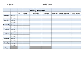 Week No:                                           Points Target:



                                         Weekly Schedule
                         Plan   Actual     Objectives    Achived     What have you learned today?   Points (1-100)
 Monday     Wake up:

            Go to bed:

 Tuesday    Wake up:

            Go to bed:

Wednesday   Wake up:

            Go to bed:

Thrusday    Wake up:

            Go to bed:

 Friday     Wake up:

            Go to bed:

Saturday    Wake up:

            Go to bed:

 Sunday     Wake up:

            Go to bed:

  Total
 