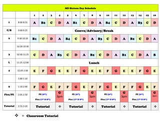 MD Sixteen Day Schedule
1 2 3 4 5 6 7 8 9 10 11 12 13 14 15 16
1 8:00-8:55 A B2 C D A B1 C D A B4 C D A B3 C D
C/B 9:00-9:25 Convo/Advisory/Break
2 9:30-10:20 B1 C D A B4 C D A B3 C D A B2 C D A
10:20-10:30
3 10:30-11:25 C D A B3 C D A B2 C D A B1 C D A B
L 11:25-12:00 Lunch
4 12:05-1:00 E F G E E F G E E F G E E F G E
1:00-1:10
5 1:10-2:00 F G E F F G E F F G E F F G E F
Flex/PE 2:05-2:50 PE (6th)
Flex (7th & 8th)
G
3pm
PE (6th)
Flex (7th & 8th)
G
3pm
PE (6th)
Flex (7th & 8th)
G
3pm
PE (6th)
Flex (7th & 8th)
G
3pm
Tutorial 2:55-3:20 Tutorial ❖ Tutorial ❖ Tutorial ❖ Tutorial ❖
❖ = Classroom Tutorial
 