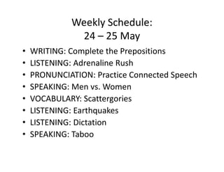 Weekly Schedule:
              24 – 25 May
•   WRITING: Complete the Prepositions
•   LISTENING: Adrenaline Rush
•   PRONUNCIATION: Practice Connected Speech
•   SPEAKING: Men vs. Women
•   VOCABULARY: Scattergories
•   LISTENING: Earthquakes
•   LISTENING: Dictation
•   SPEAKING: Taboo
 