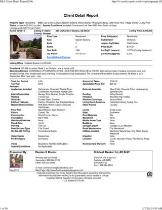 MLS Client Detail Report(294)                                                                                                http://svvarmls.rapmls.com/scripts/mgrqispi.dll




                                                                     Client Detail Report
          Property Type Residential Area Oak Creek Canyon, Uptown Sedona, West Sedona, RR Loop/Outlying, Little Horse Park, Village of Oak Cr., Big Park
          Status Active (4/30/2012 or after) Special Conditions excluded Foreclosure/Lndr Own AND Short Sale/Lndr Appr
          Listings as of 05/07/12 at 9:12am
          Active 05/02/12             Listing # 133033     390 Orchard Ln Sedona, AZ 86336                                       Listing Price: $395,000
                                      County: Yavapai
                                                   Prop Type                 Residential             Prop Subtype(s)          Residential
                                                  Area                             Uptown Sedona              Subdivision                  Orchards
                                                  Beds                             3                          Approx SqFt Main             2068 Owner
                                                  Baths                            2                          Price/Sq Ft                  $191.01
                                                  Year Built                       1991                       Lot Sq Ft (approx)           11979 ((County Assessor))
                                                  Tax Parcel                       401-61-017                 Lot Acres (approx)           0.275
                                                  See Additional Pictures

          Listing Office Coldwell Banker/1st Aff Br#2

          Directions SR 89A to Jordan Road, L on Orchard Lane to home on R.
          Marketing Remark DESIRABLE UPTOWN ORCHARDS LOCATION WITH BEAUTIFUL VIEWS! Split bedroom plan, fireplace, breakfast nook, and
          wonderful views. Very private back yard, charming front courtyard nicely landscaped. The current tenant would like to stay however the lease is up in
          September. Must have appt. - dog.

           Total # of Rooms              6.00                                             Amount of Taxes               2190.00
           Tax Year                      2013                                             Association Fees Amt          $25.00
          Features
           Appliances Included           Refrigerator, Disposal, Washer/Dryer,            External Amenities            Open Patio, Covered Patio, Landscaping,
                                         Dishwasher, Microwave, Range/Oven                                              Sprinkler/Drip
           Internal Amenities            Garage Door Opener, Smoke Detector               Cooling                       Refrig/Central
           Heating                       Forced Gas                                       Fireplace                     Woodburning Fireplac
           Windows                       Double Glaze, Screens                            Window Coverings              Vertical Blind
           Kitchen Features              Electric, Breakfast Bar, Breakfast Nook          Living Room Features          Cathedral Ceiling, Ceiling Fan
           Master Bedroom Desc           With Bath, Walk In Closet, Separate              Other Rooms                   Laundry
                                         Tub/Shower
           Floor Plan                    Open/Modern, Split Bedroom                       Levels                        Single Level
           Floors                        Carpet, Tile                                     Style                         Southwest
           Construction                  Wood/Frame, Stucco                               Roof Materials                Tile
           Foundation                    Stem Wall                                        Basement                      None
           Handicap Features             None                                             Mobile Home Type              None
           Flood Zone                    Verify                                           Buildings                     None
           Parking                       Two Car                                          Garage/Carport                Garage 2 Car, Attached
           Road Access Type              City, Paved                                      Road Maintenance              City Maintained
           On-Site Wtr Trt Sys           Conventional Septic                              Utilities Installed           Electricity, Natural Gas, City Water, Septic,
                                                                                                                        Telephone
           Water Heater                  Natural Gas                                      Irrigation                    None
           Pet Privileges                Domestics                                        Location                      Corner, Mountain Views, Red Rocks, Trees,
                                                                                                                        View
           Views                         Mountains, Red Rocks/Boulders                    Homeowners Warranty           None
           Special Conditions            Not Applicable

          Presented By:               Damian E Bruno                                                   Coldwell Banker/1st Aff Br#2

                                      Primary: 928-202-0038                                            6486 SR 179 Suite 102
                                      Secondary: 928-284-0123                                          Sedona, AZ 86351
                                      Other: 928-202-0038                                              928-284-0123
                                                                                                       Fax : 928-284-6804
                                      E-mail: Damian.Bruno@CBSedona.com
          May 2012                    Web Page: http://www.Sedonarealestateagents.com
                                       Featured properties may not be listed by the office/agent presenting this brochure.
                                         Information has not been verified, is not guaranteed, and is subject to change.
                                                  Copyright ©2012 Rapattoni Corporation. All rights reserved.
                                                                    U.S. Patent 6,910,045




1 of 10                                                                                                                                                     5/7/2012 9:20 AM
 