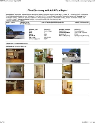 MLS Client Summary Report(292)                                                                                         http://svvarmls.rapmls.com/scripts/mgrqispi.dll




                                                 Client Summary with Addl Pics Report
          Property Type Residential Areas Clarkdale, Bridgeport, Middle Camp Verde, Rimrock South, Mingus Foothills No, Cornville/Page Spr, Verde Village,
          Verde South, Lake Montezuma, Jerome, Cottonwood, Verde North of 1-17, Rimrock, Mingus Foothills So, Verde Lakes, Mcguireville Statuses Active
          (11/29/2010 or after) , Active-Cont. Remove (11/29/2010 or after) , Pending-Take Backup (11/29/2010 or after) , Pending (11/29/2010 or after) , Sold
          (11/29/2010 or after) Special Conditions excluded Foreclosure/Lndr Own AND Short Sale/Lndr Appr
          Listings as of 12/06/10 at 11:53am
          Active 11/29/10             Listing # 128347                      735 E Rio Mesa Cottonwood, AZ 86326                           Listing Price: $149,000
                                      County: Yavapai



                                                    Property Type               Residential                Property Subtype            Residential
                                                    Area                        Verde Village              Subdivision                 Verde Village Unit 7
                                                    Beds                        2                          Approx SqFt Main            2000 County Assessor
                                                    Baths                       2.25                       Price/Sq Ft                 $74.50
                                                    Year Built                  1987                       Lot Sq Ft(approx)           10454 ((County Assessor))
                                                    Tax Parcel                  406-49-283
                                                    Lot Acres (approx)          0.240


          Listing Office Coldwell Banker/Mabery

          Directions Hwy 260 to Rio Mesa Trail




1 of 40                                                                                                                                             12/6/2010 11:54 AM
 
