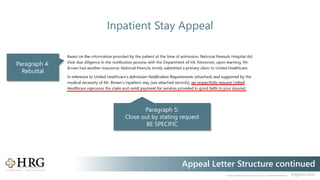© 2020 Healthcare Resource Group, Inc. ALL RIGHTS RESERVED. hrgpros.com
Appeal Letter Structure continued
Inpatient Stay Appeal
Paragraph 4:
Rebuttal
Paragraph 5:
Close out by stating request
BE SPECIFIC
 
