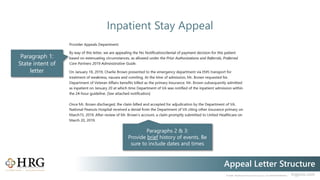 © 2020 Healthcare Resource Group, Inc. ALL RIGHTS RESERVED. hrgpros.com
Appeal Letter Structure
Inpatient Stay Appeal
Paragraphs 2 & 3:
Provide brief history of events. Be
sure to include dates and times
Paragraph 1:
State intent of
letter
 