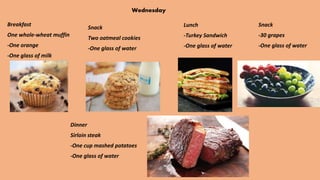Wednesday
Breakfast
One whole-wheat muffin
-One orange
-One glass of milk
Snack
Two oatmeal cookies
-One glass of water
Lunch
-Turkey Sandwich
-One glass of water
Snack
-30 grapes
-One glass of water
Dinner
Sirloin steak
-One cup mashed potatoes
-One glass of water
 