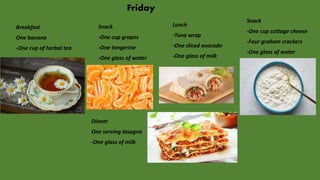 Friday
Breakfast
One banana
-One cup of herbal tea
Snack
-One cup grapes
-One tangerine
-One glass of water
Lunch
-Tuna wrap
-One sliced avocado
-One glass of milk
Snack
-One cup cottage cheese
-Four graham crackers
-One glass of water
Dinner
One serving lasagna
-One glass of milk
 