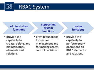RBAC System
administrative
functions
• provide the
capability to
create, delete, and
maintain RBAC
elements and
relations
supporting
system
functions
• provide functions
for session
management and
for making access
control decisions
review
functions
• provide the
capability to
perform query
operations on
RBAC elements
and relations
 