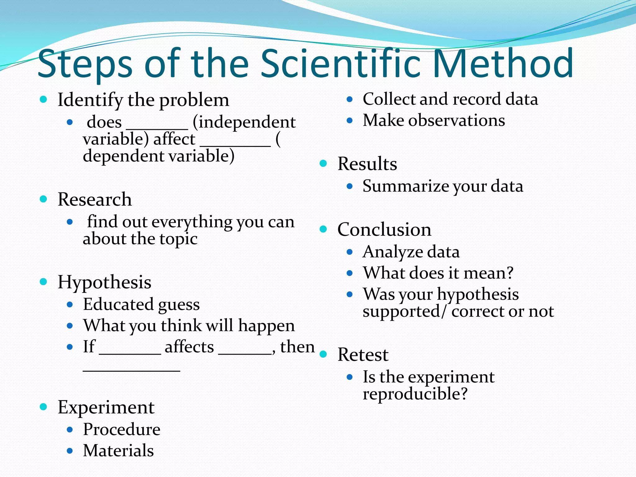 Steps of the Scientific Method
 Identify the problem
 does _______ (independent
variable) affect ________ (
dependent variable)
 Research
 find out everything you can
about the topic

 Collect and record data
 Make observations

 Results
 Summarize your data
 Conclusion
 Analyze data
 What does it mean?
 Was your hypothesis
supported/ correct or not

 Hypothesis
 Educated guess
 What you think will happen
 If _______ affects ______, then
 Retest
___________
 Is the experiment
reproducible?
 Experiment
 Procedure
 Materials

 