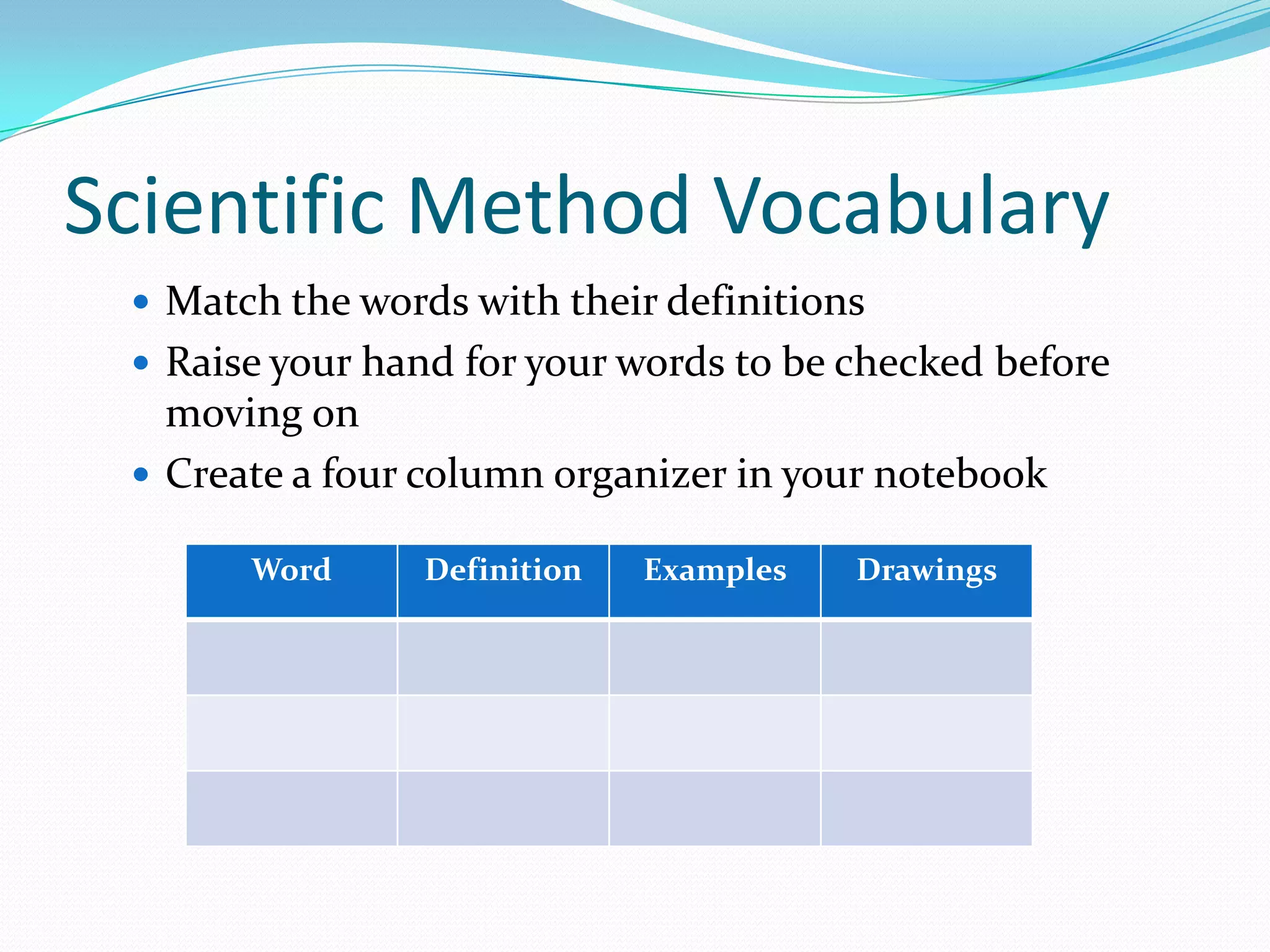Scientific Method Vocabulary
 Match the words with their definitions
 Raise your hand for your words to be checked before

moving on
 Create a four column organizer in your notebook
Word

Definition

Examples

Drawings

 