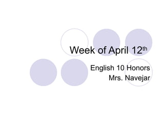 Week of April 12 th   English 10 Honors Mrs. Navejar 