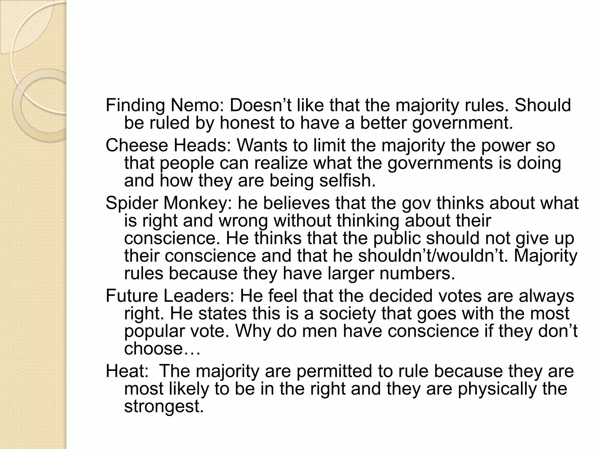 Finding Nemo: Doesn’t like that the majority rules. Should be ruled by honest to have a better government. Cheese Heads: Wants to limit the majority the power so that people can realize what the governments is doing and how they are being selfish. Spider Monkey: he believes that the gov thinks about what is right and wrong without thinking about their conscience. He thinks that the public should not give up their conscience and that he shouldn’t/wouldn’t. Majority rules because they have larger numbers. Future Leaders: He feel that the decided votes are always right. He states this is a society that goes with the most popular vote. Why do men have conscience if they don’t choose… Heat:  The majority are permitted to rule because they are most likely to be in the right and they are physically the strongest.  