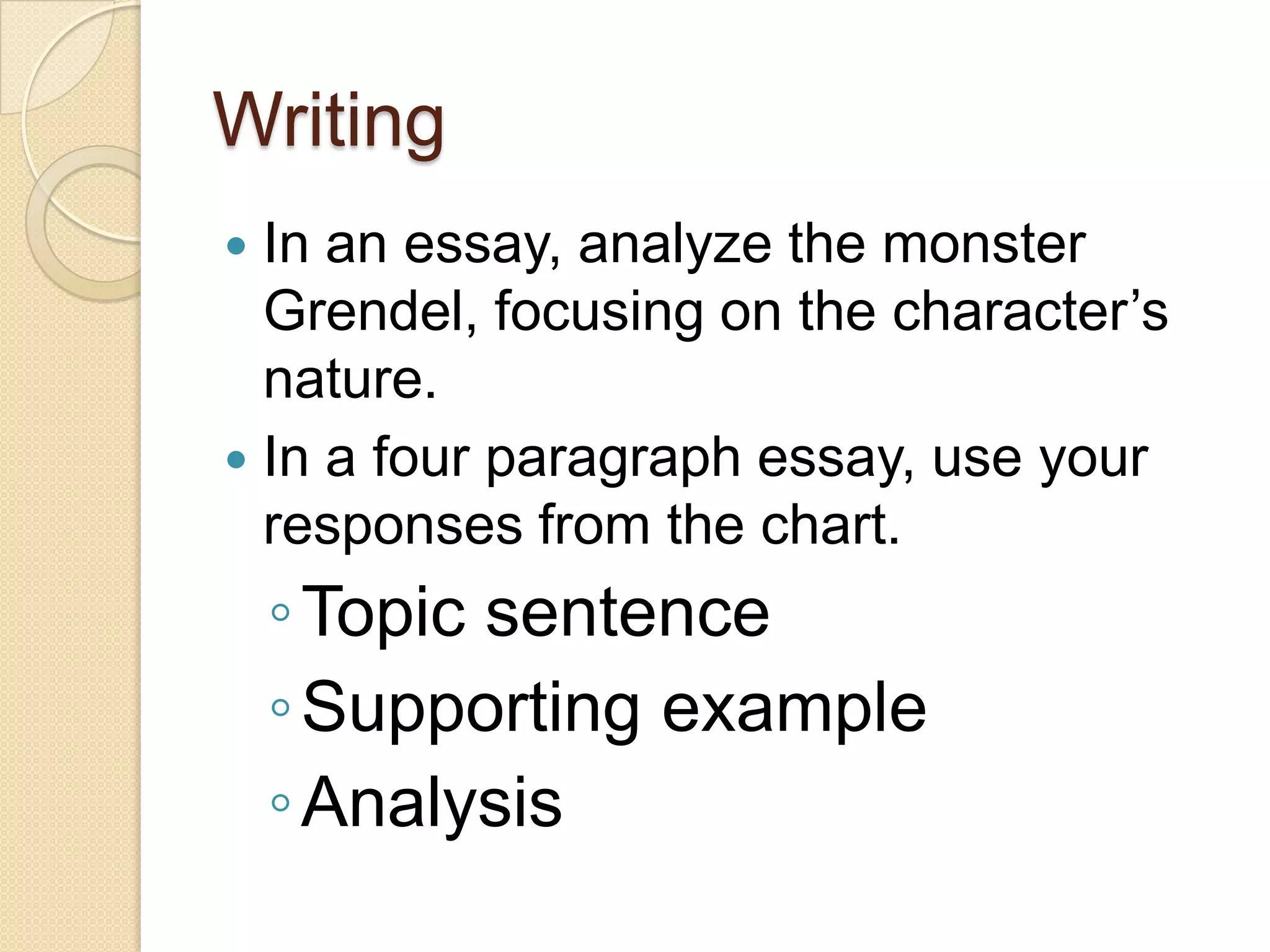 WritingIn an essay, analyze the monster Grendel, focusing on the character’s nature. In a four paragraph essay, use your responses from the chart.Topic sentenceSupporting example Analysis 