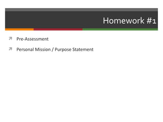 Homework #1
 Pre-Assessment

 Personal Mission / Purpose Statement
 